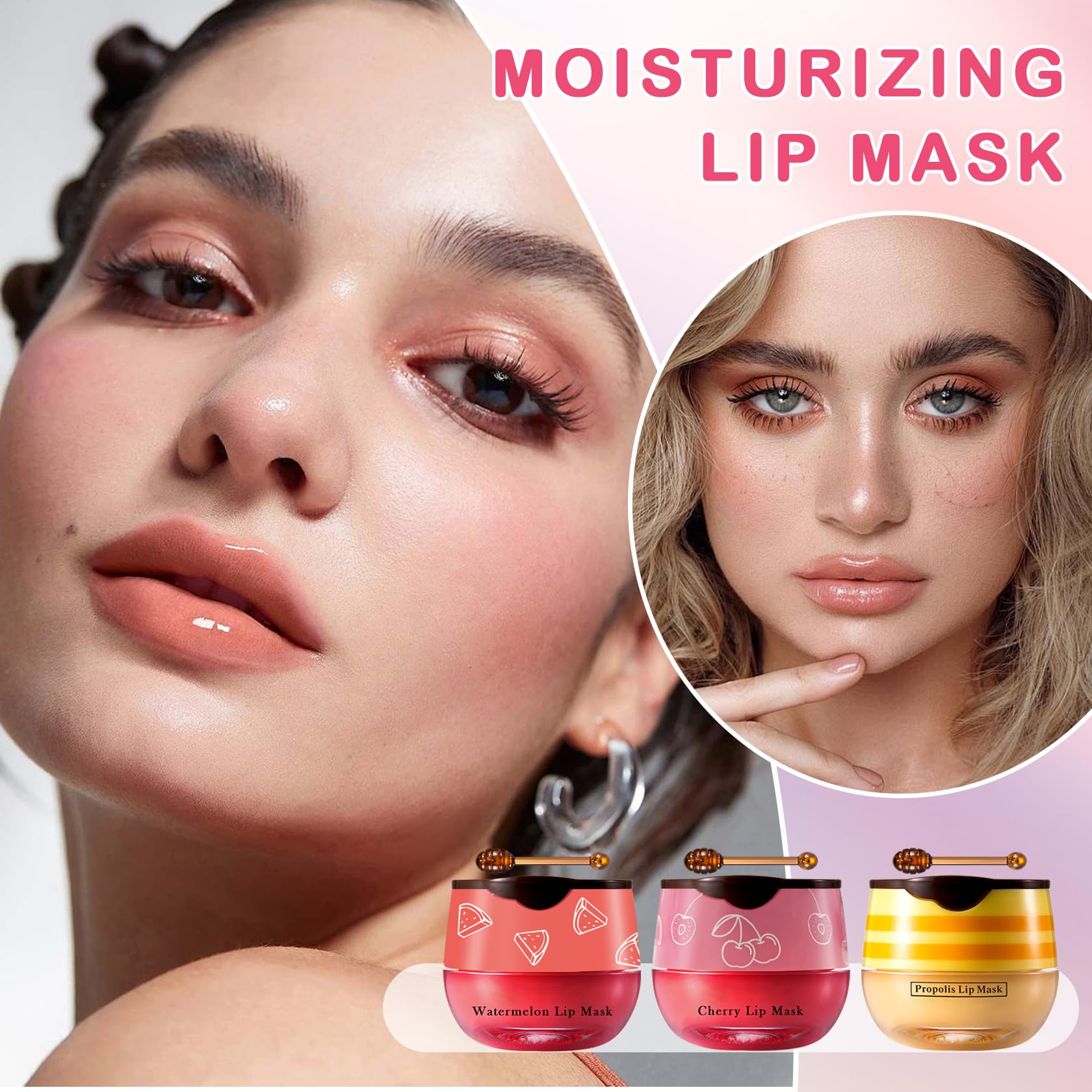 Zhishudl 3Pcs Bee Lip Balm Honey Pot Honey Watermelon Cherry Lip Balm Lip Sleeping Mask Moisturizing Hydrating Bee Lip Balm Lip