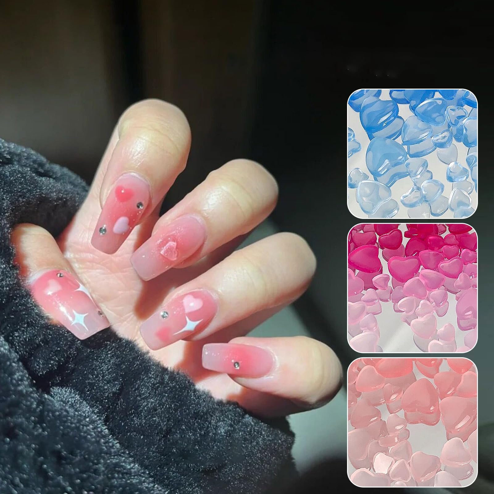 300Pcs Valentine's Day Nail Art Charm 3D Heart Change Color in Sunlight Nail Charms Orange Pink Blue Flat Back Mixed Size 4/6/8m