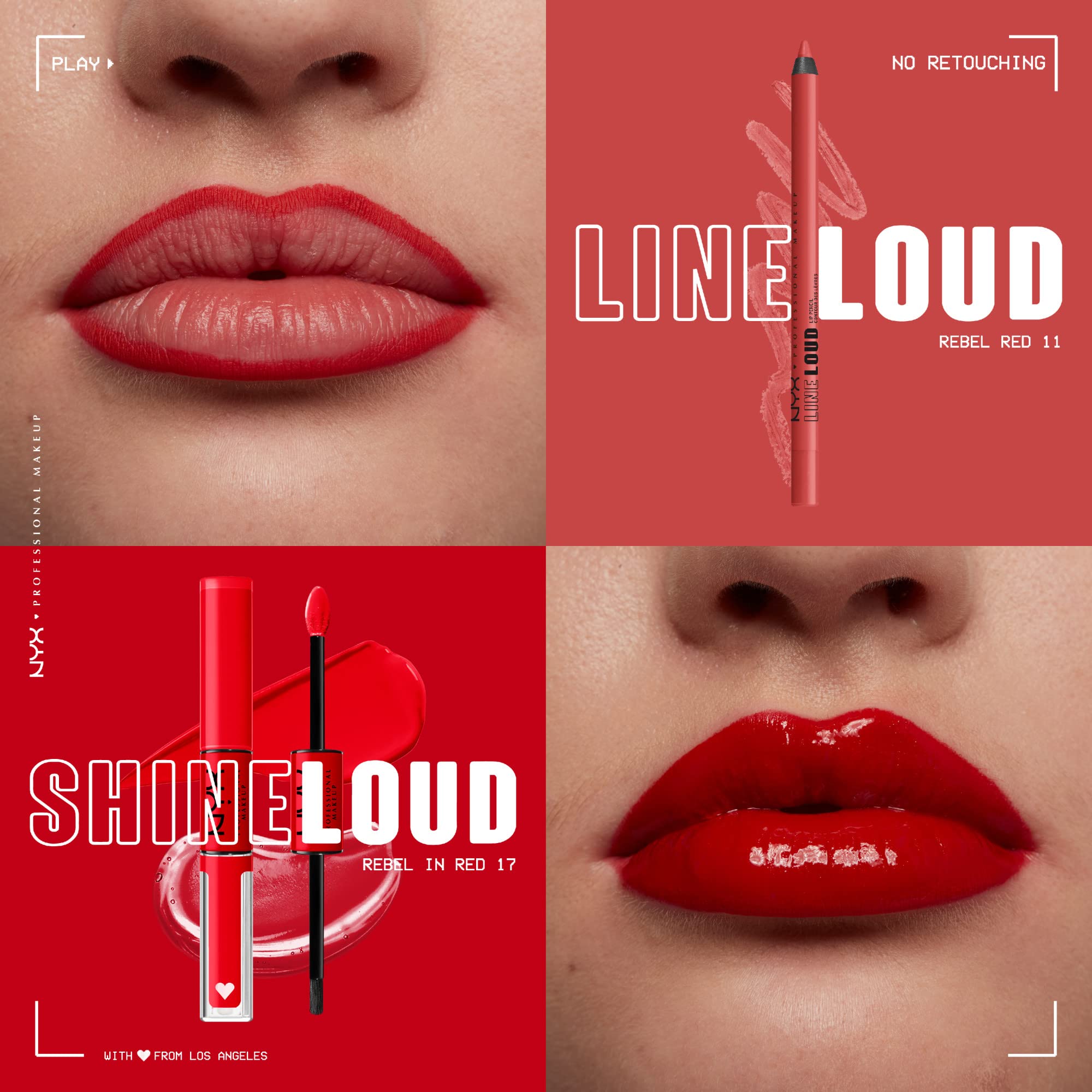 NYX PROFESSIONAL MAKEUP Line Loud Lip Liner, Longwear and Pigmented Lip Pencil with Jojoba Oil  Vitamin E - Rebel Red (Warm Red)