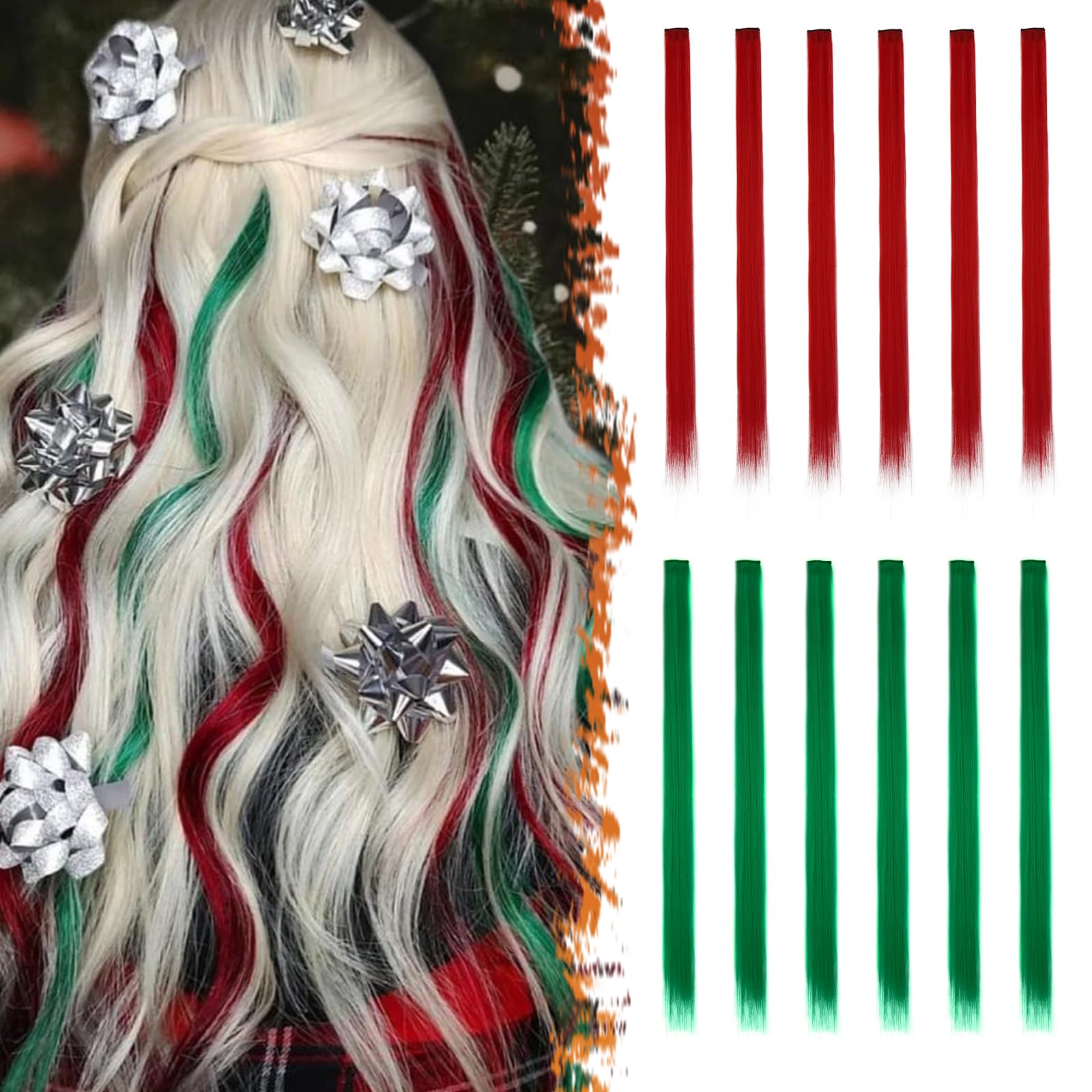 BARSDAR Colored Hair Extensions Clip in - 22 Inch 12 PCs Party Highlights Red and Green Clip in Hair Extensions Straight Synthet