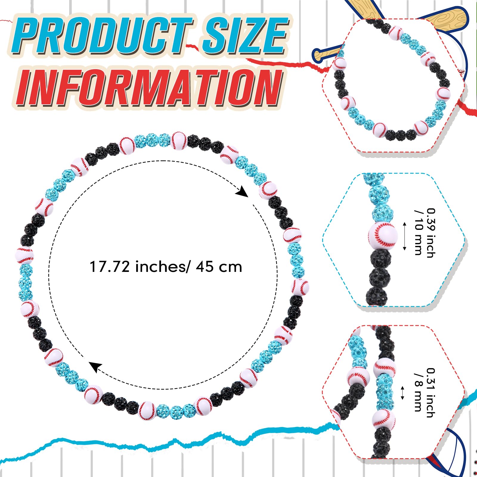 Liliaafar 6 Pcs Baseball Beaded Necklace for Teenager Bling Rhinestone Clay Beaded Necklace Gifts for Sports Team Fans(Black, Li