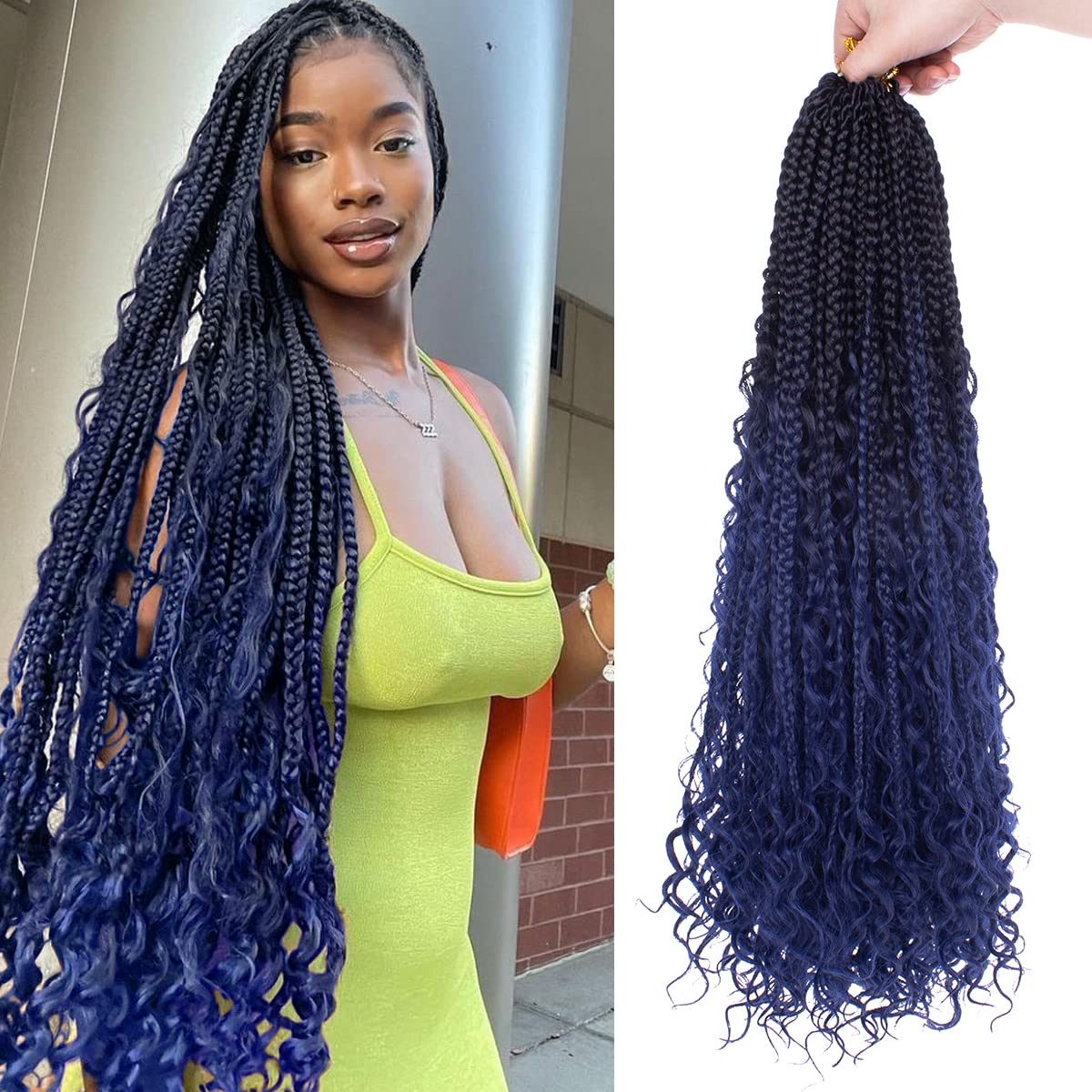 COOKOO 8 Packs 24 Inch Boho Box Braids Crochet Hair With Curly Ends Bohemian Hippie Goddess Box Braids Pre-looped Synthetic Brai