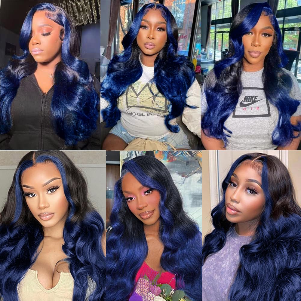 Yms Ombre Blue 13X4 Hd Lace Front Wigs Human Hair 180% Density Dark Blue Human Hair Wigs For Women Blue Skunk Stripe Glueless Wi