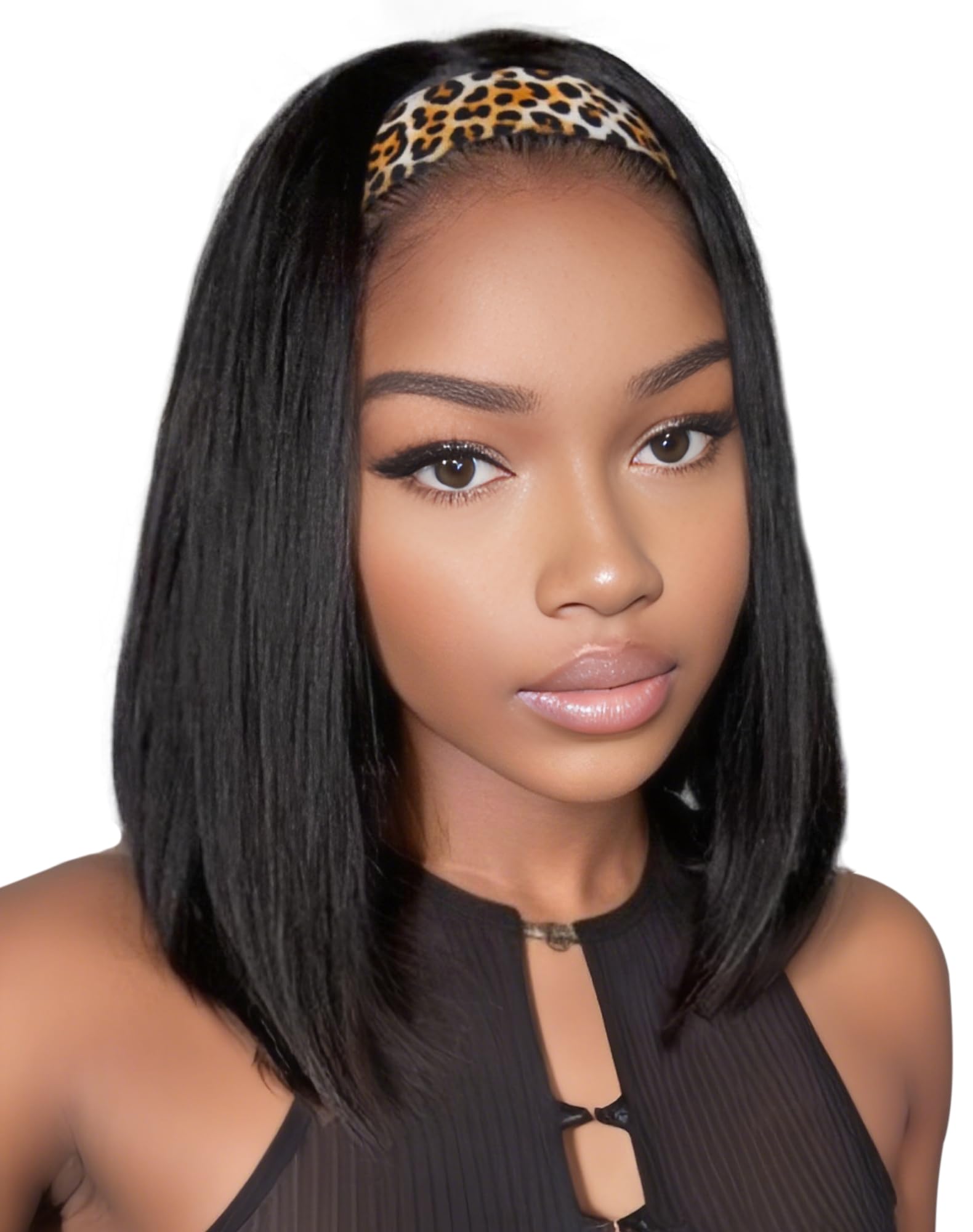 QUEENTAS 13 Bob Headband Wigs for Black Women Natural Black Bob Straight Hair Synthetic Headband Wigs Shoulder Length No Lace Ea