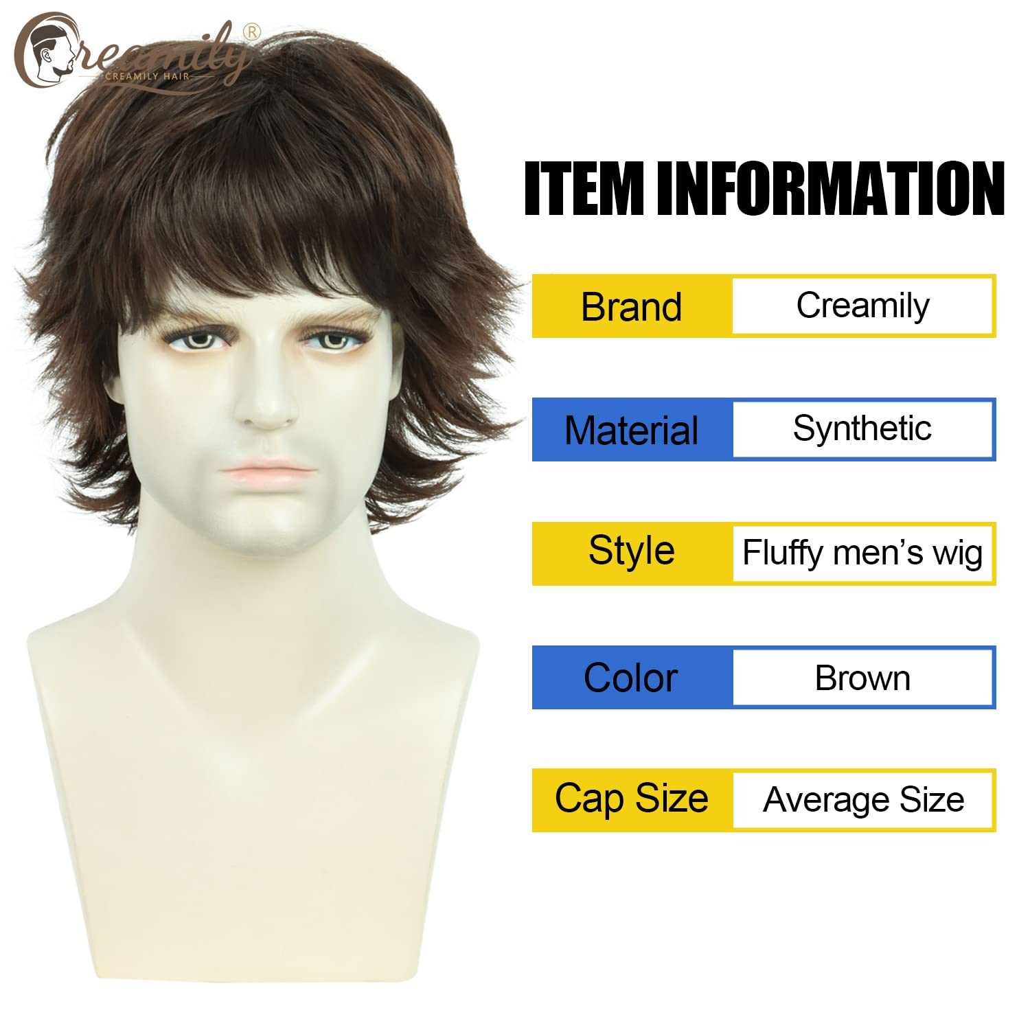 Creamily Mens Short Brown Wolf Cut Wig - Fluffy Layered Synthetic Hair for Cosplay and Halloween