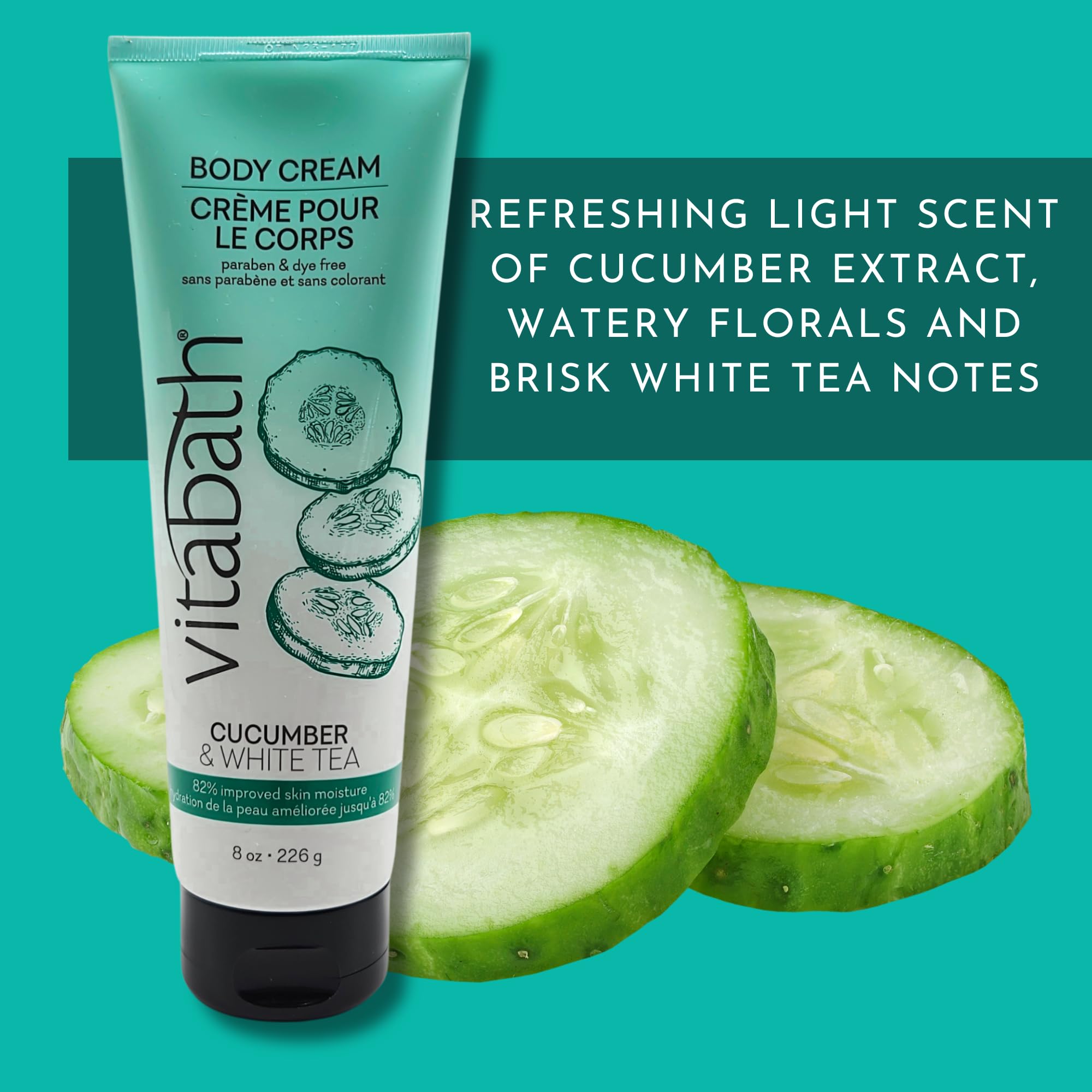 Vitabath Cucumber & White Tea Moisturizing Body Cream - Soothing Hydration Vitamin & Nutrient Skin Care - Replenishing All Over