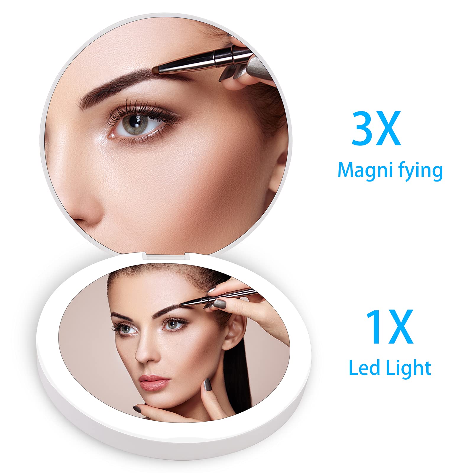 Qearfun Luxurious Rhinestone Led Lighted Compact Mirror,Bling Portable Travel Makeup Mirrors,3.5 Inch Rechargeable Mini Magnifyi