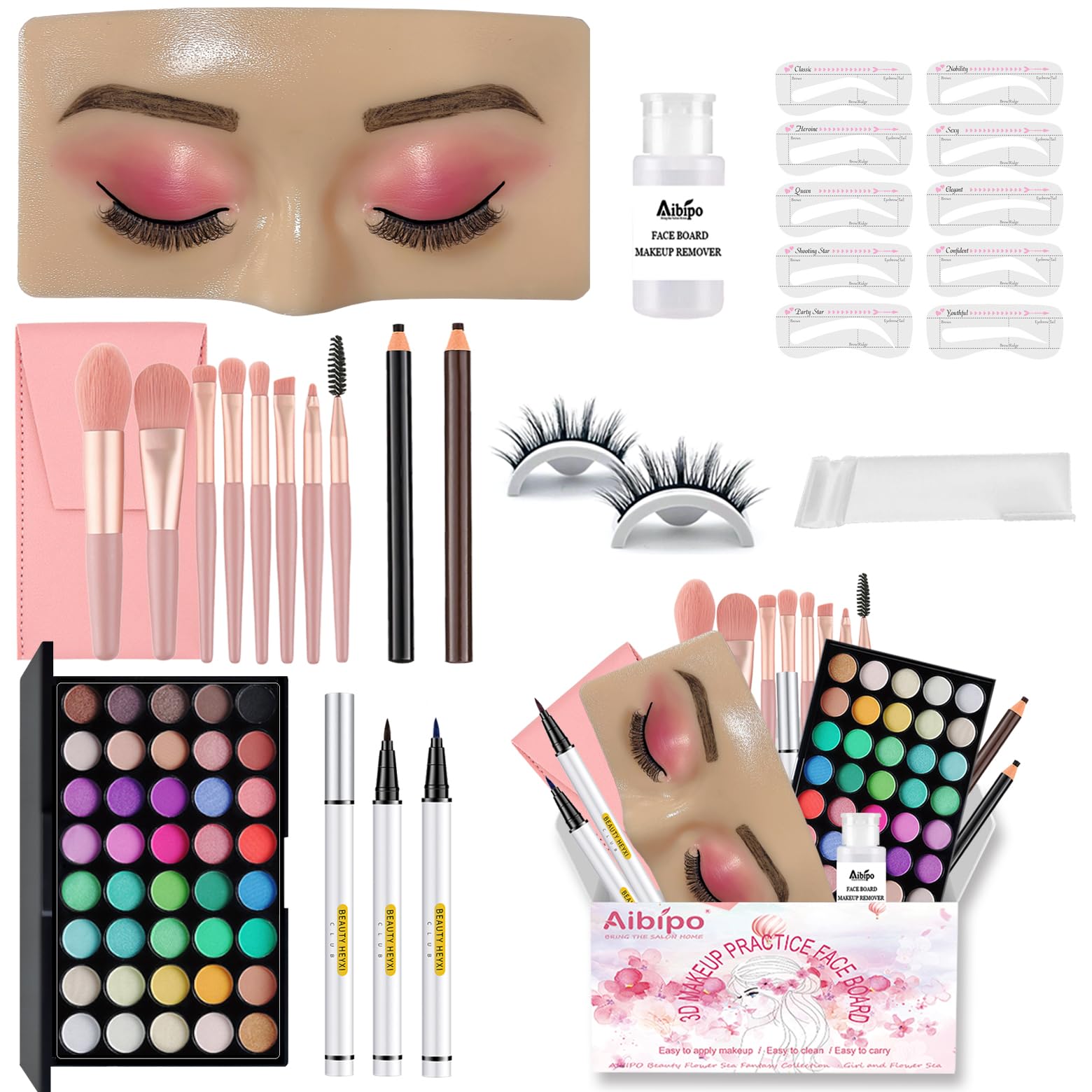 Makeup Practice Face Board, Reusable Silicone Makeup Mannequin Face with Makeup Practice Kit for Makeup Students and Beginners, 