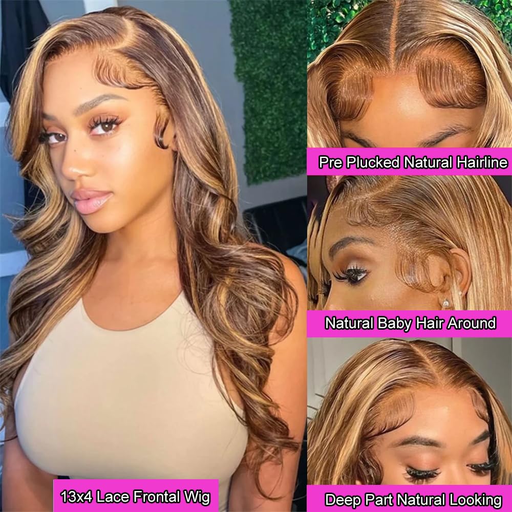 30 Inch Body Wave Highlight Lace Front Wigs Human Hair Pre Plucked 13X4 4/27 Ombre Lace Front Wig Human Hair Wear And Go Glueles