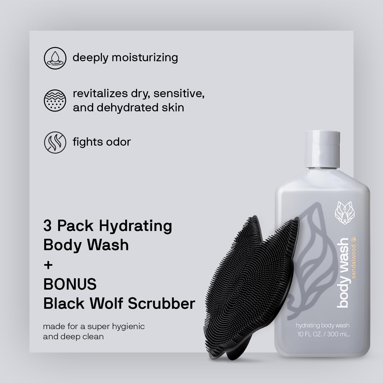 Black Wolf 3-Pack Hydrating Body Wash & Silicone Body Scrubber Kit For Men - Mens Moisturizing Bodywash For Dry, Dehydrated, & S