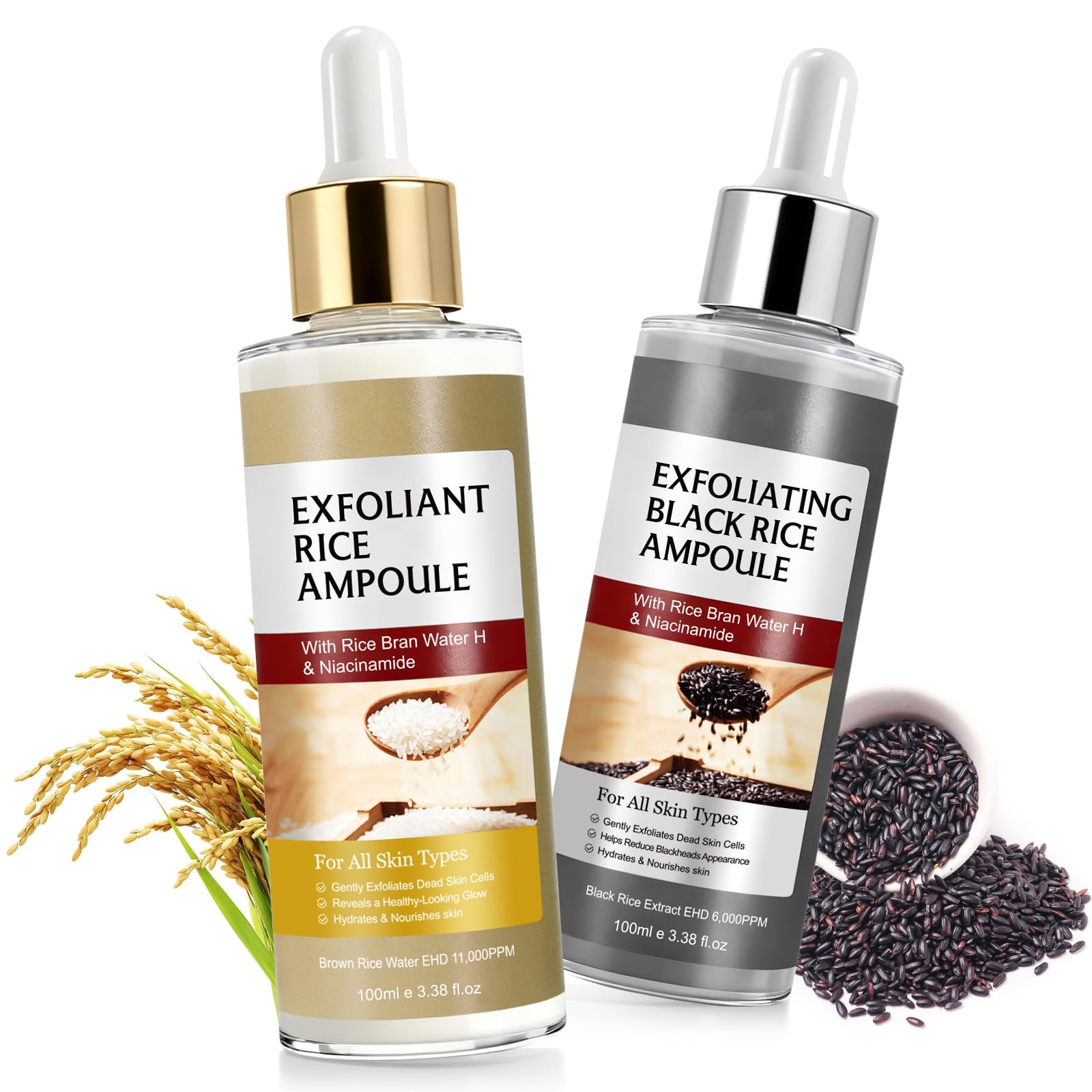 Black Rice Exfoliant and White Rice Peeling Ampoule, Rice Exfoliating Serum for Smoother, Brighter Skin, Rice Exfoliating Face &