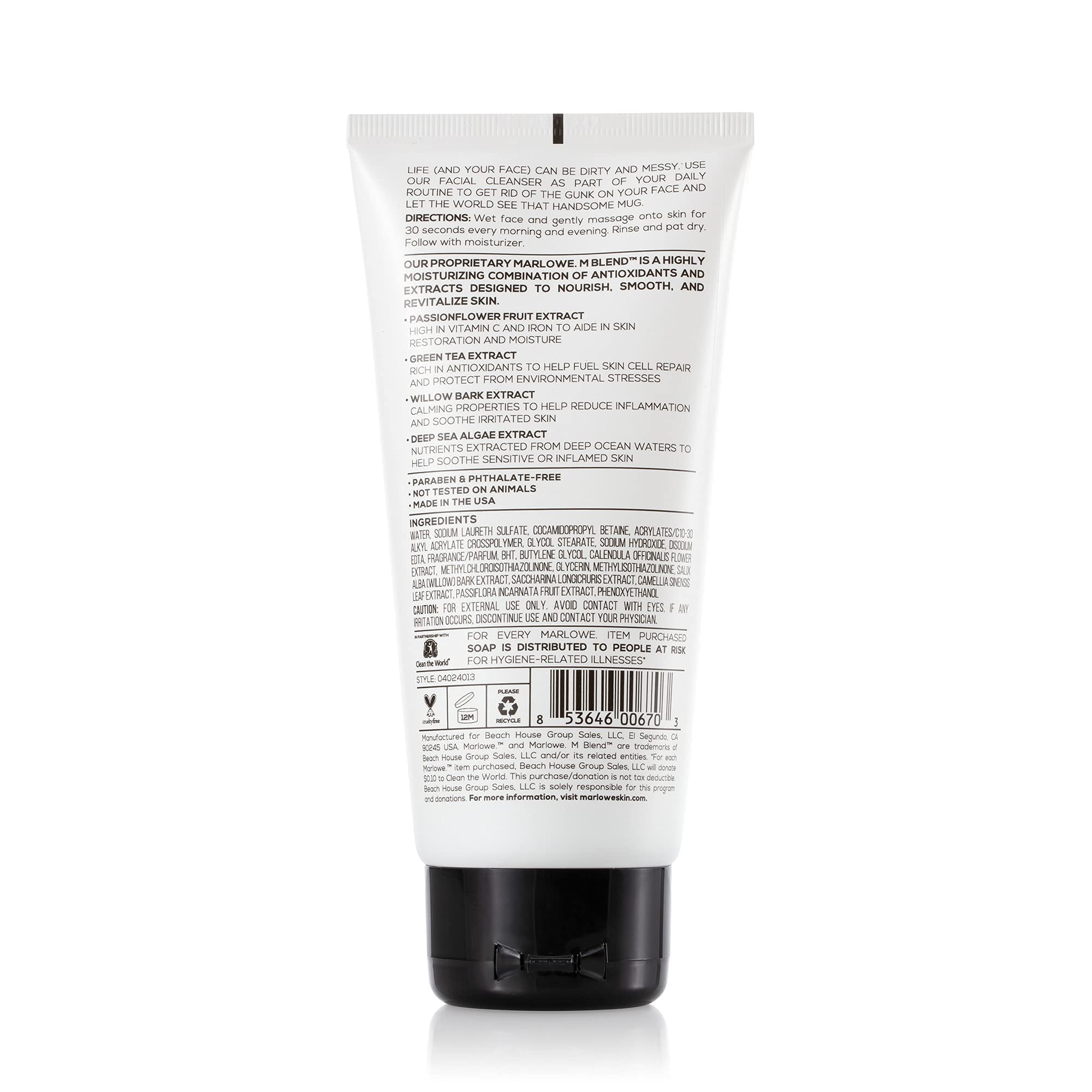 Marlowe. No. 121 Facial Cleanser 6 Oz, Daily Mens Face Wash With Natural Extracts & Antioxidants, Soothes, Purifies, Refreshes,
