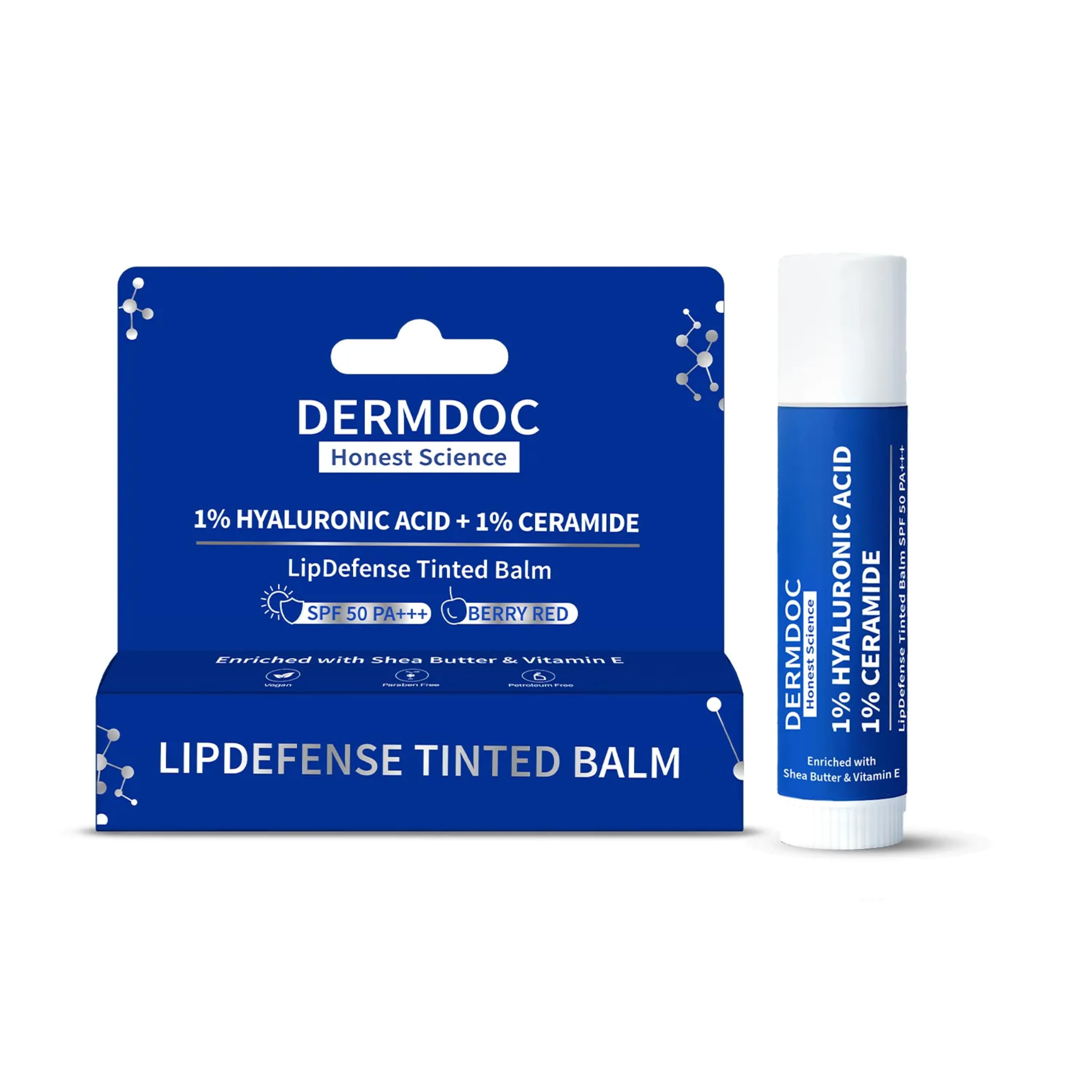 Dermdoc 1% Hyaluronic Acid + 1% Ceramide Berry Tinted Lip Balm Spf 50 Pa+++ 4 Gm| Hydrates, Repairs & Protects Lips | Uv Defense