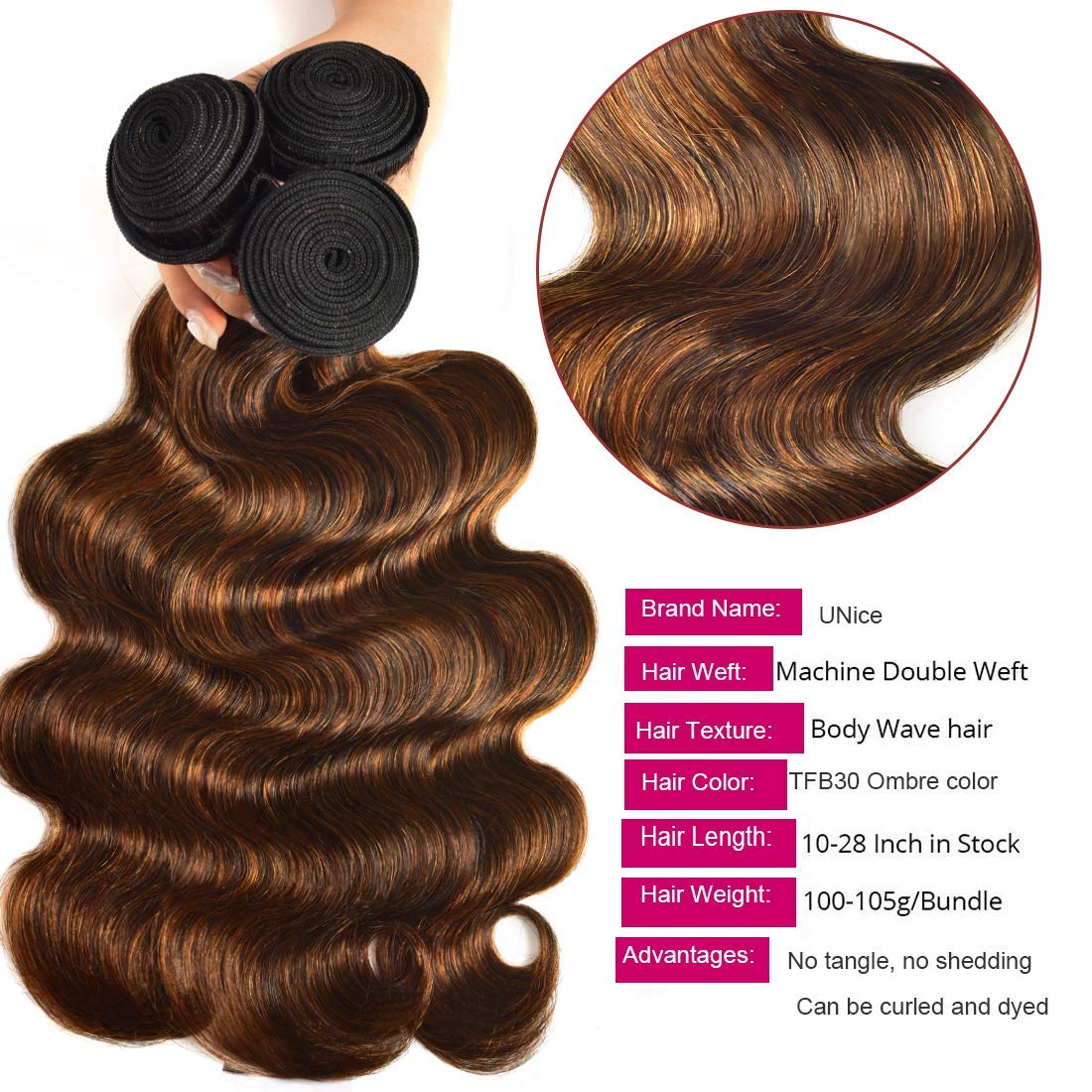UNice Brown Highlight Body Wave Human Hair Weave 3 Bundles 10 10 10 inch, Brazilian Remy Hair Ombre Blonde Human Hair Wavy Weave