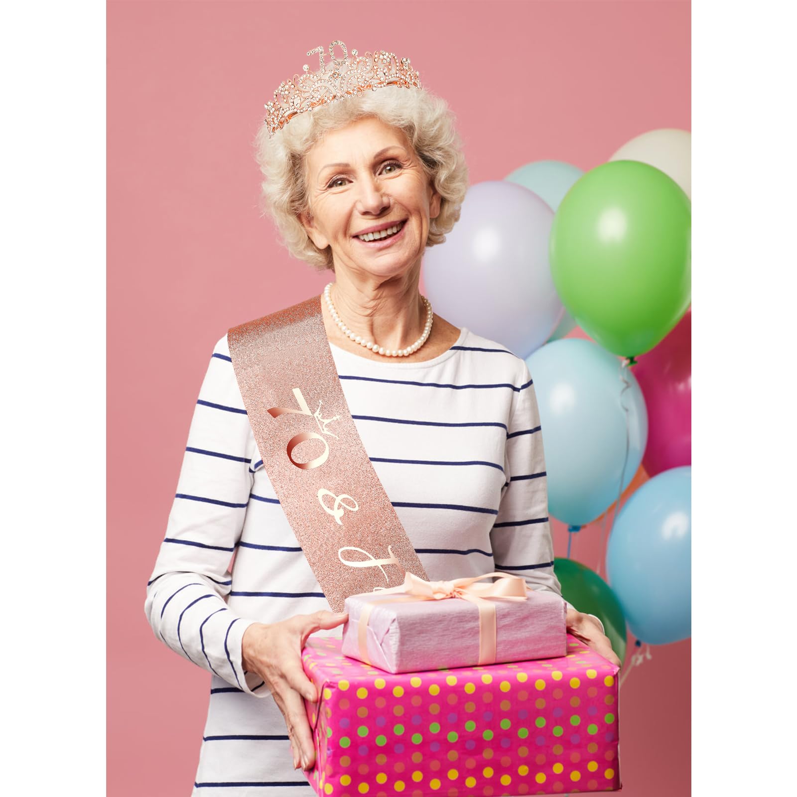 CIEHER 70th Birthday Crown, Sash & Pearl Pin Set - Elegant Decorations and Gifts for Women's 70 & Fabulous Birthday Party