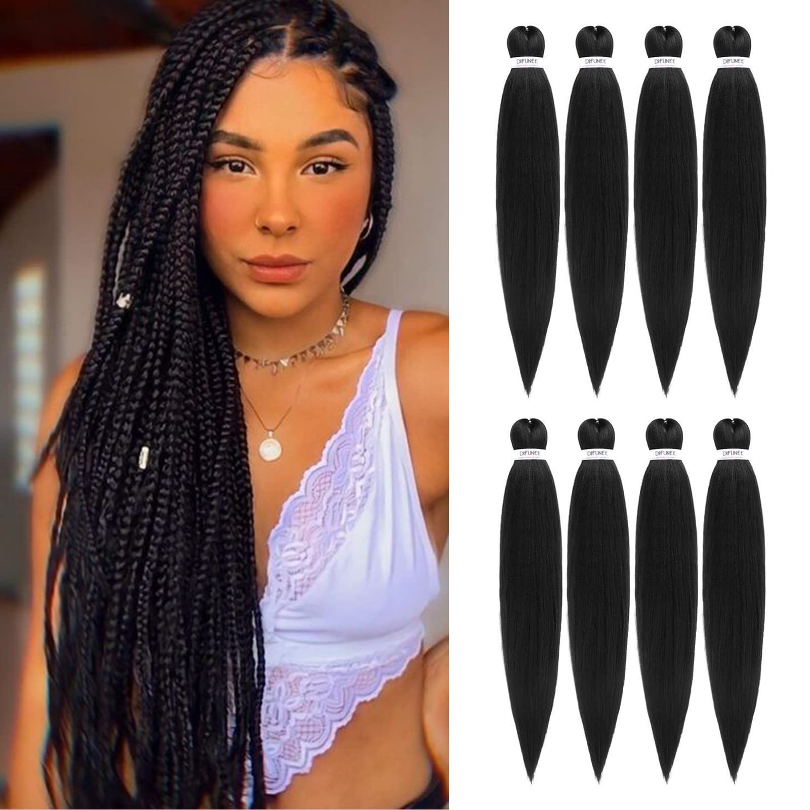Difunee Pre-Stretched Braiding Hair - 30 Inch 8 Packs Natural Black Super Long Braiding Hair For Twist Or Box Braids, Yaki Textu