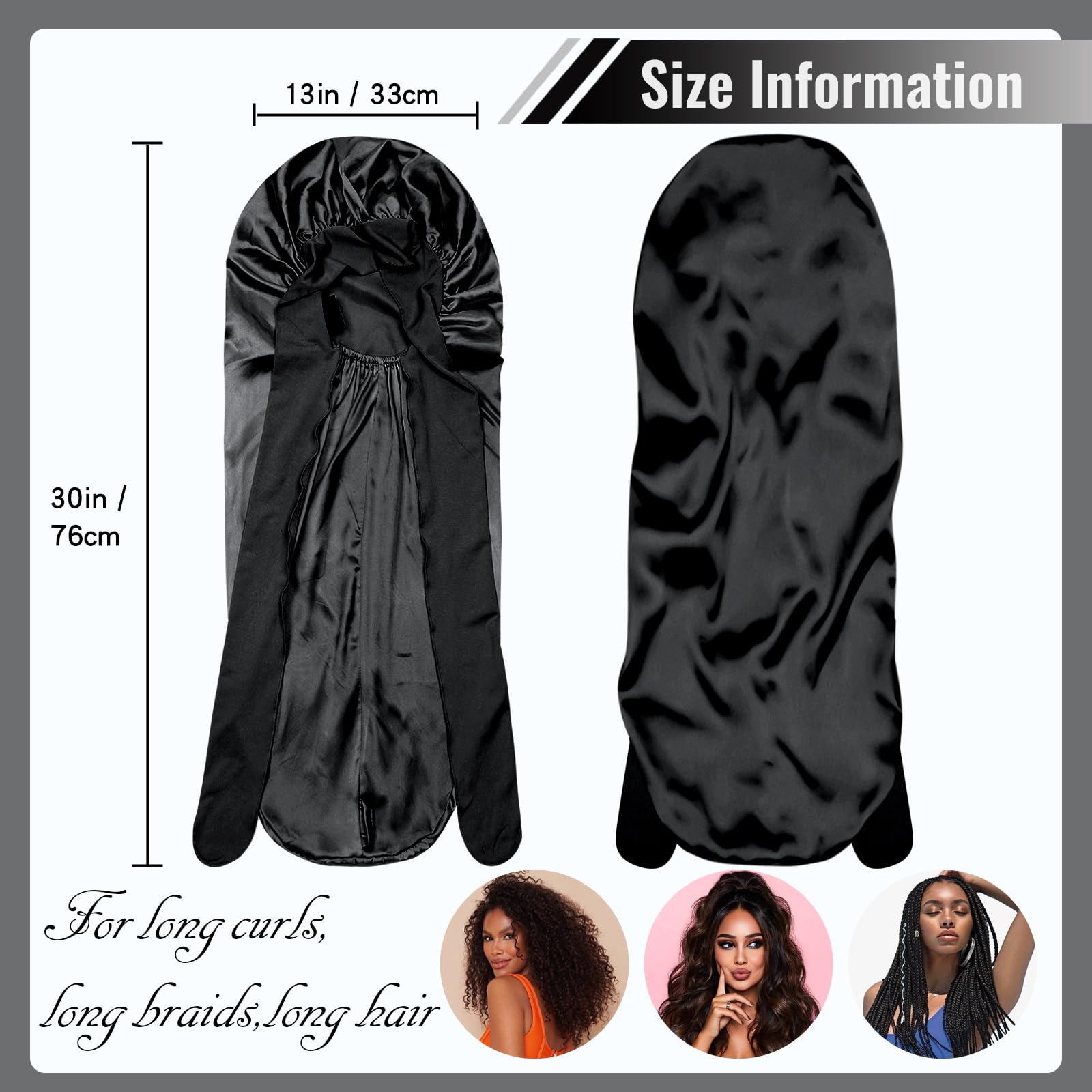 BONNET QUEEN Braid Bonnet Silk Bonnet Foldable Extra Long Bonnet for Braids Satin Bonnet for Sleeping Hair Bonnet with Tie Band