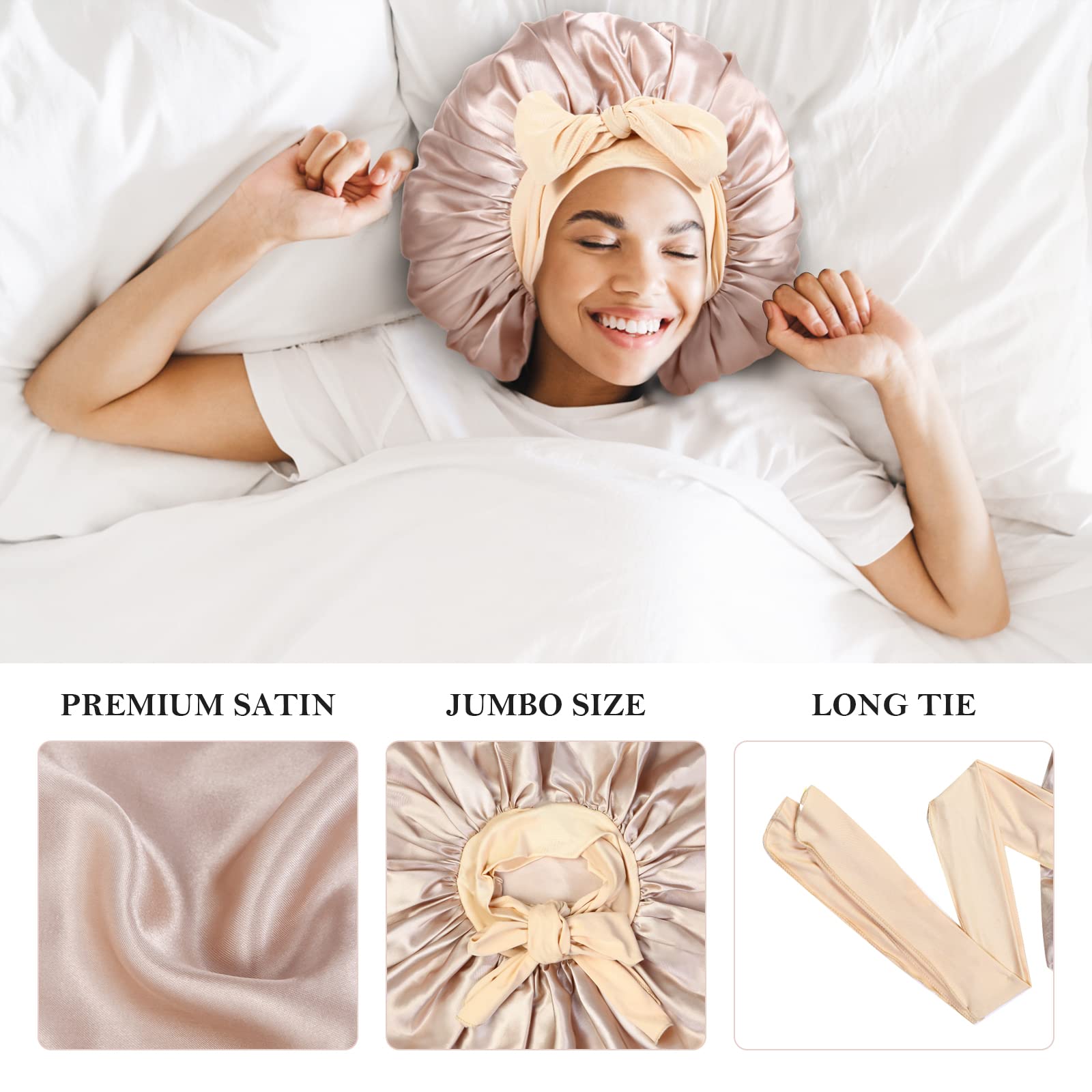 3Pcs Bonnet for Sleeping, Extra Satin Silk Bonnet for Sleeping Women with Tie Band for Curly Hair Jumbo Bonnet Braids