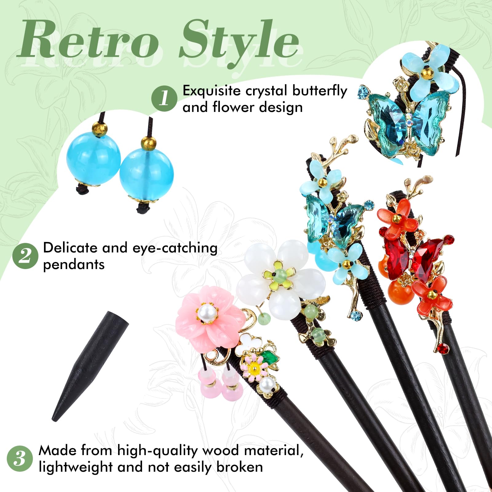 Insowni 8 Pieces Retro Asian Chinese Traditional Hanfu Butterfly Flower Wooden Hair Sticks Pins With Bead Pendants Hair Chopstic