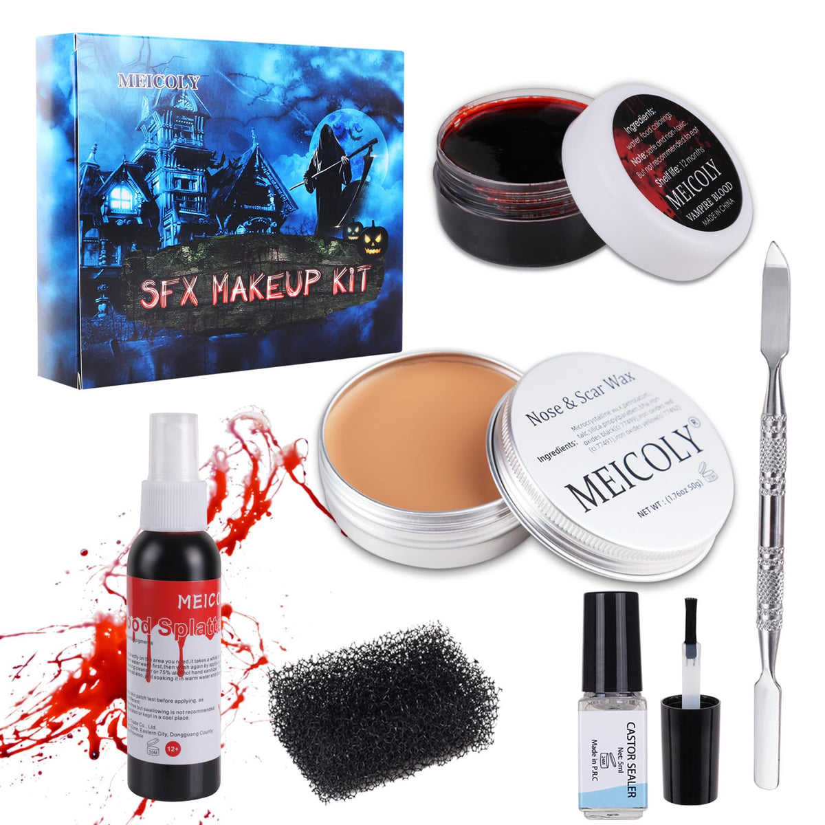 Meicoly Sfx Makeup Kit Scars Wax, Fake Blood Spray(2.1Oz) Halloween Special Effect Wound Modeling Skin Wax(1.67Oz) With Spatula,