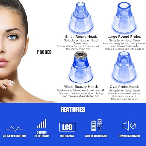 Blackhead Remover Pore Vacuum, Face Suction Pore Cleanser, 5 Suction Power Electric Blackhead Extractor Tool, 4 Probes, Blackhea