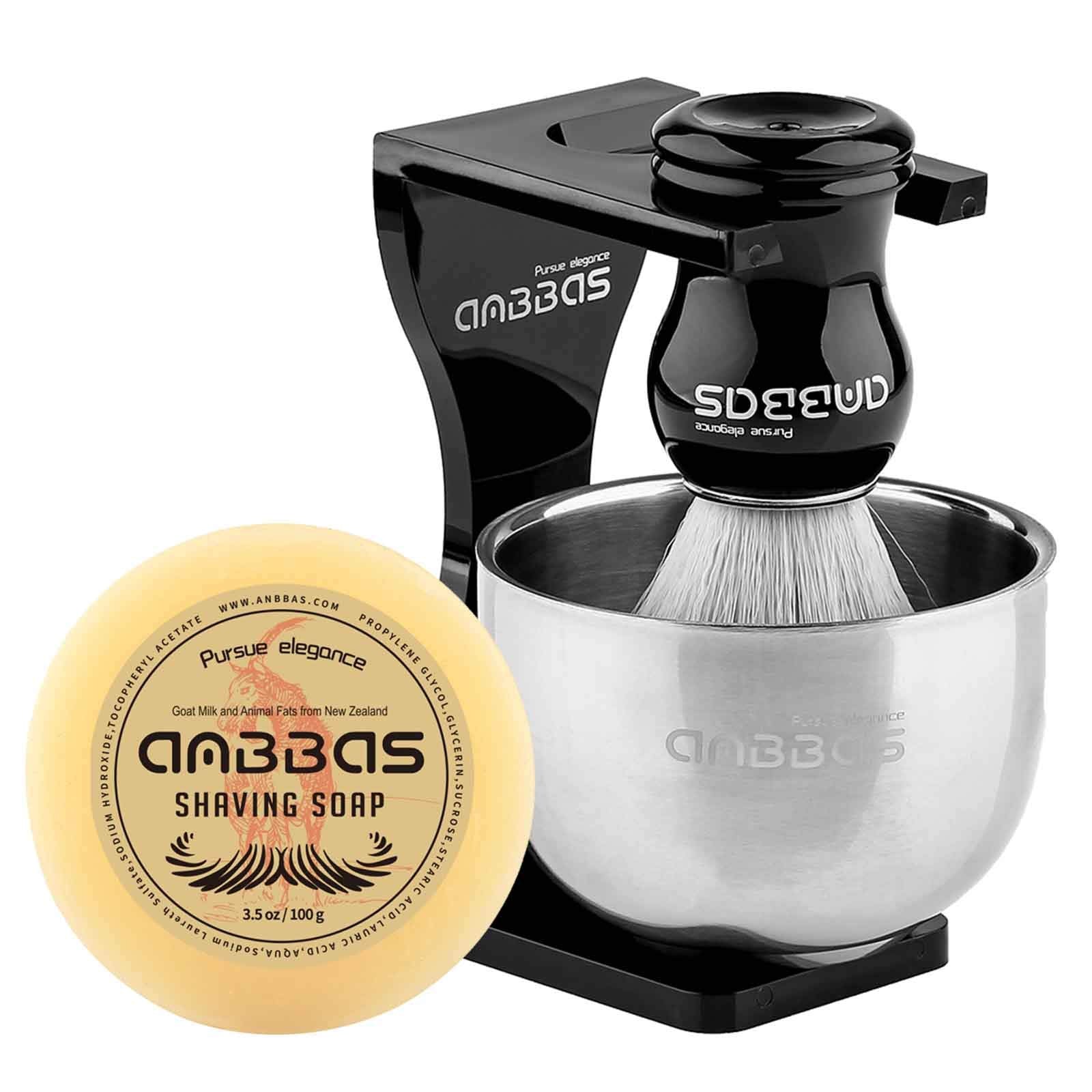 Anbbas Faux Badger Shaving Brush Set with 3.5OZ Milk Shaving Soap and Bowl Stainless Steel,Black Acrylic Shaving Stand Holer for