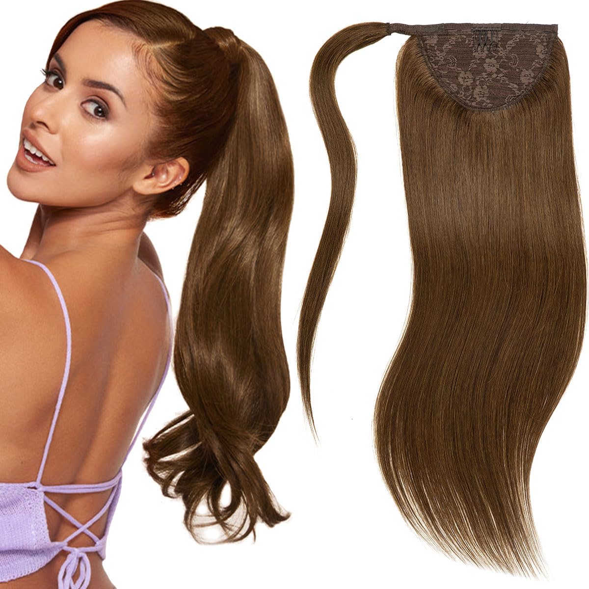 Lacer Brown Ponytail Extension Human Hair 20 Inch Long Natural Human Hair Ponytail Chocolate Brown Pony Tails Extensions Human H