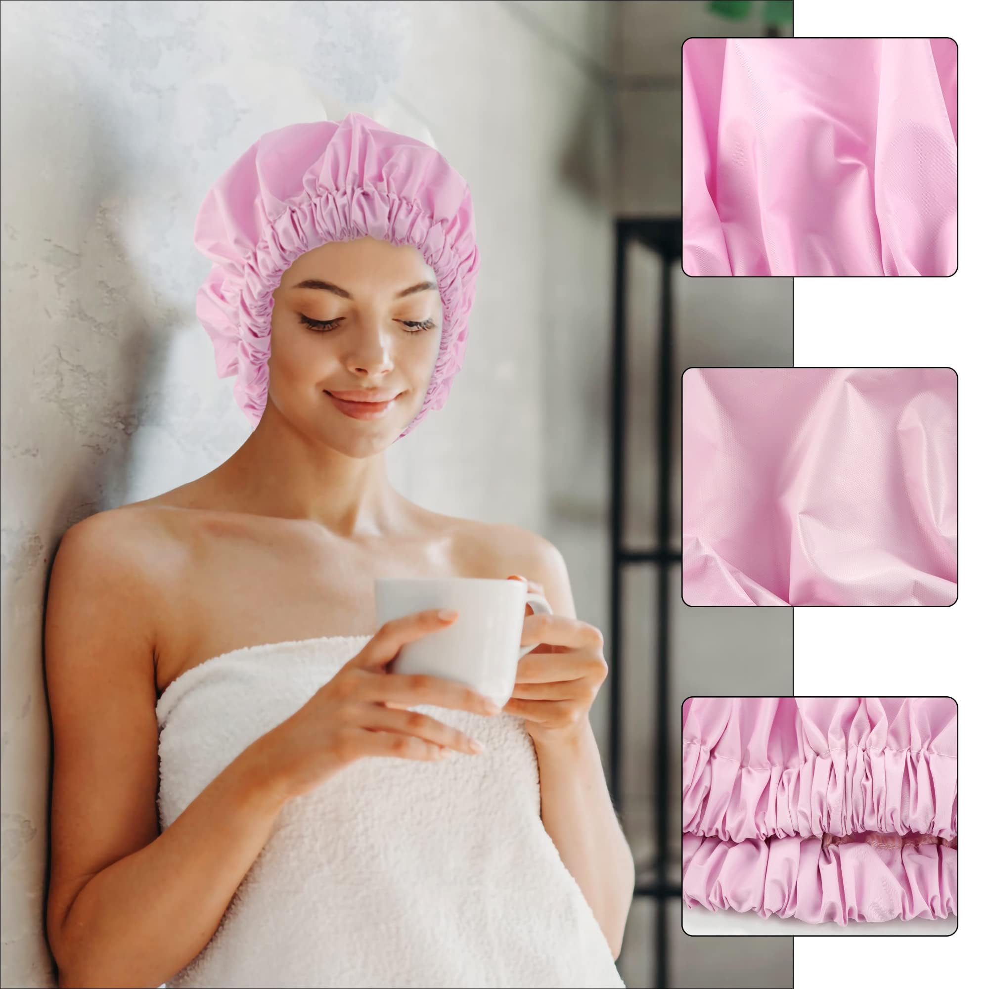 Reusable Shower Cap For Women, Large Waterproof Shower Bonnet Washable Elastic Band Bath Hair Hat For Long Hair, Braids(Black&Pu
