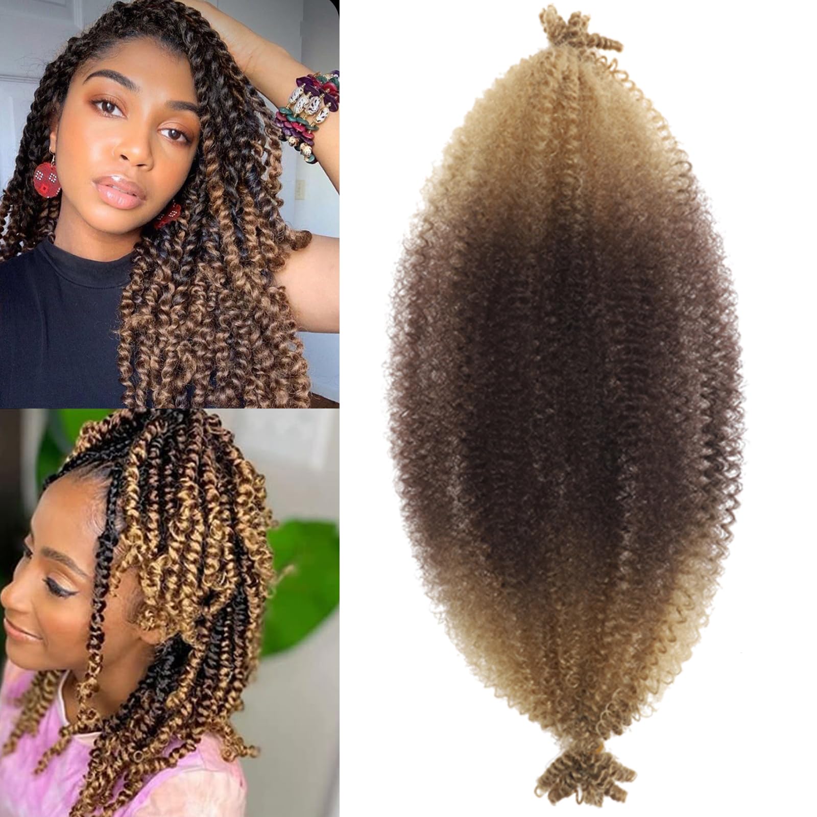 Brown Blonde Ombre 8 Packs Springy Afro Twist Hair 16 inch Pre-Separated Kinky Marley Twist Braiding Hair Soft Crochet for Distr