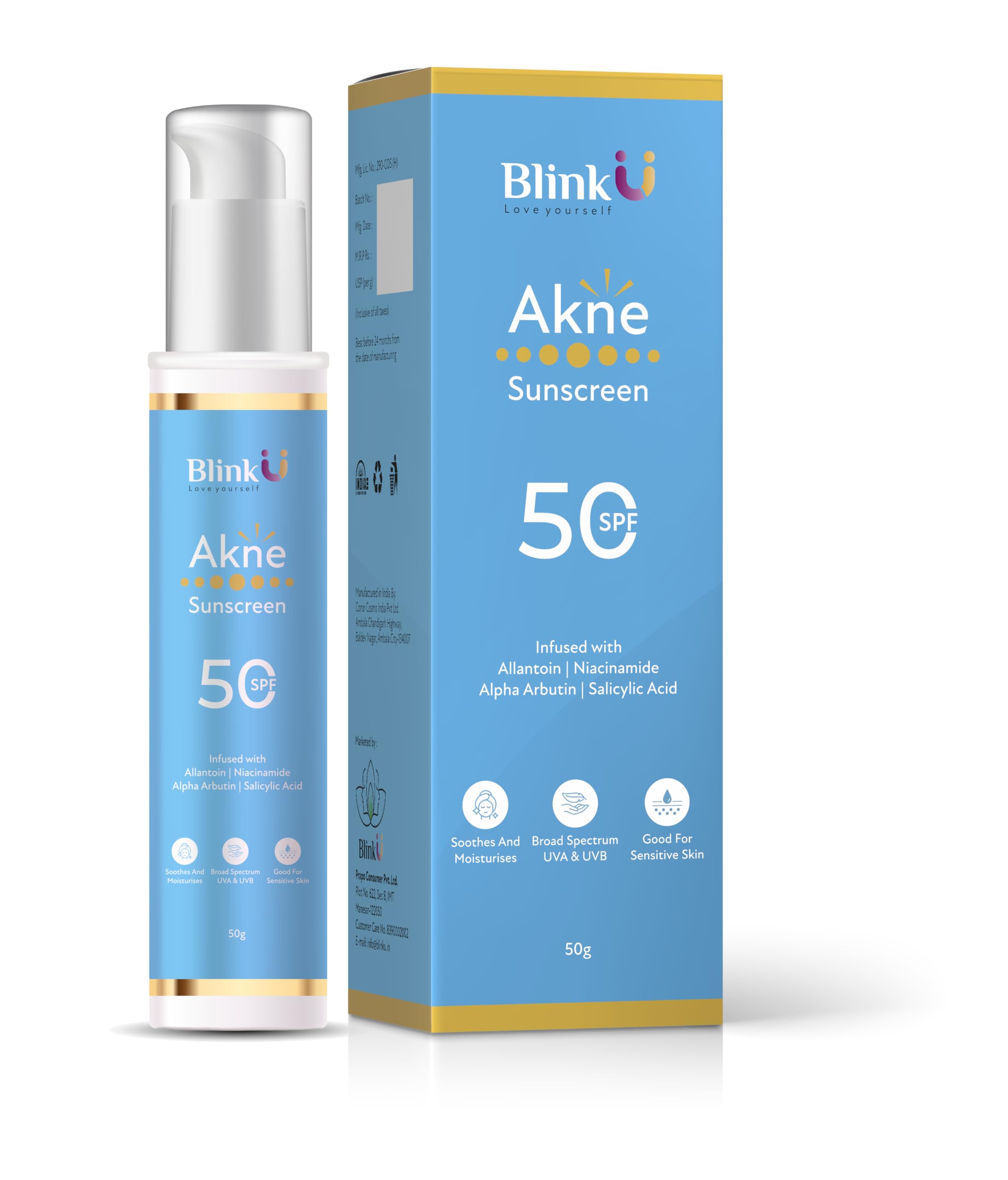 BlinkU SPF 50 Sunscreen for Oily & AcneProne Skin | OilFree Matte Finish | No White Cast | Niacinamide & Salicylic Acid | PA++