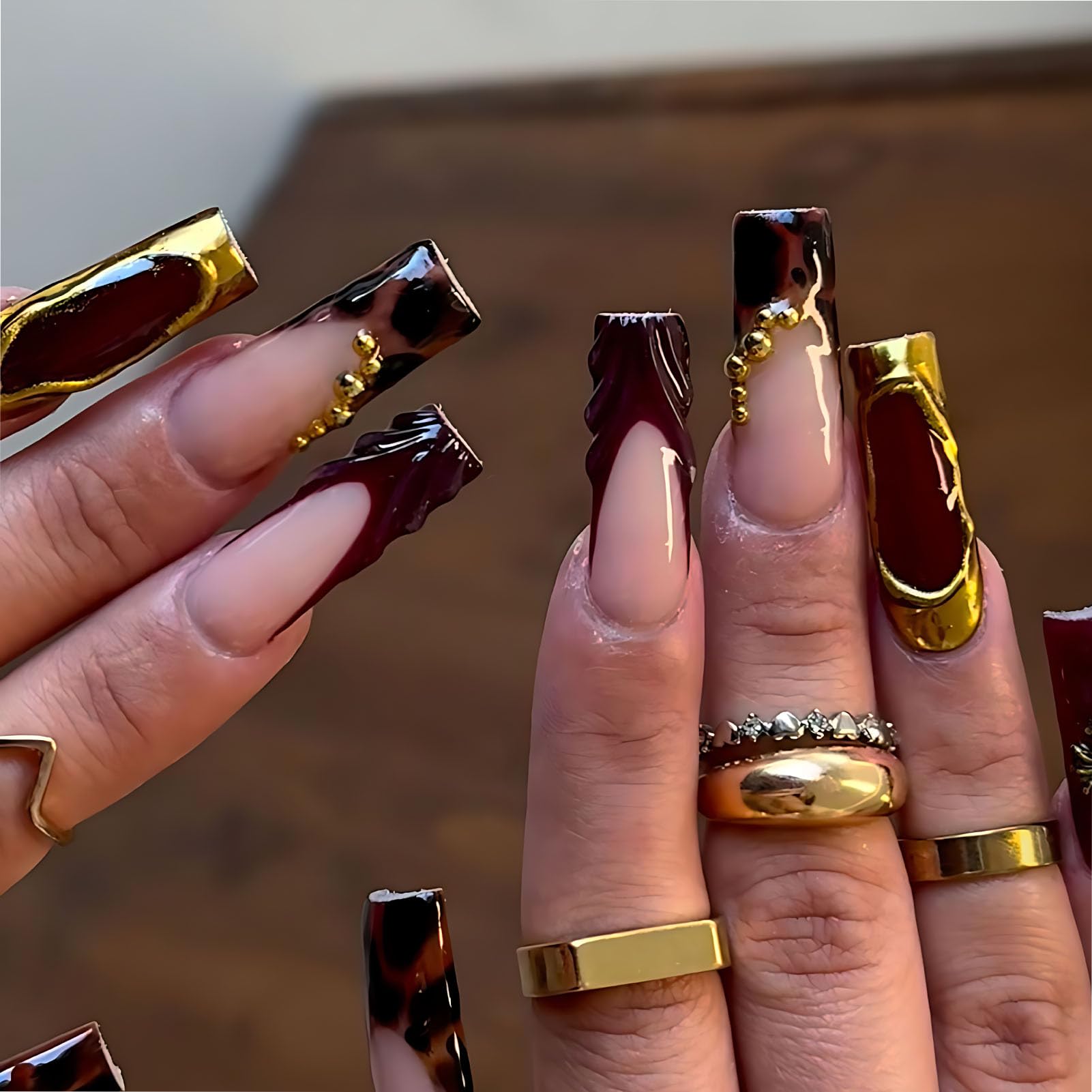 Long Square French Tip 3D Press On Nails Fall Brown Press Ons Nails For Women
