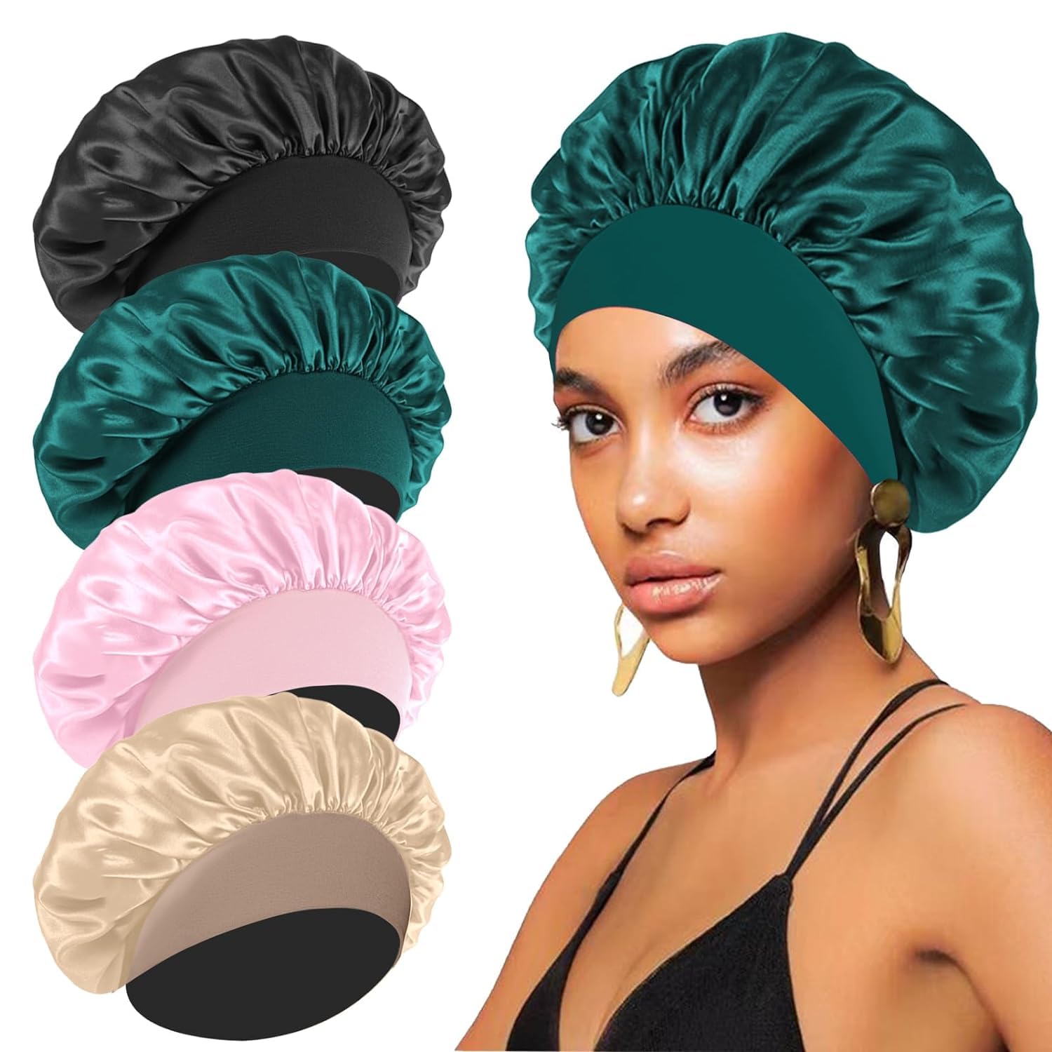 4Pcs Silk Bonnet For Sleeping,Hair Satin Bonnets For Black Women Men,Hair Wrap Cap For Curly Hair,Elastic Wide Band Hair Bonnet