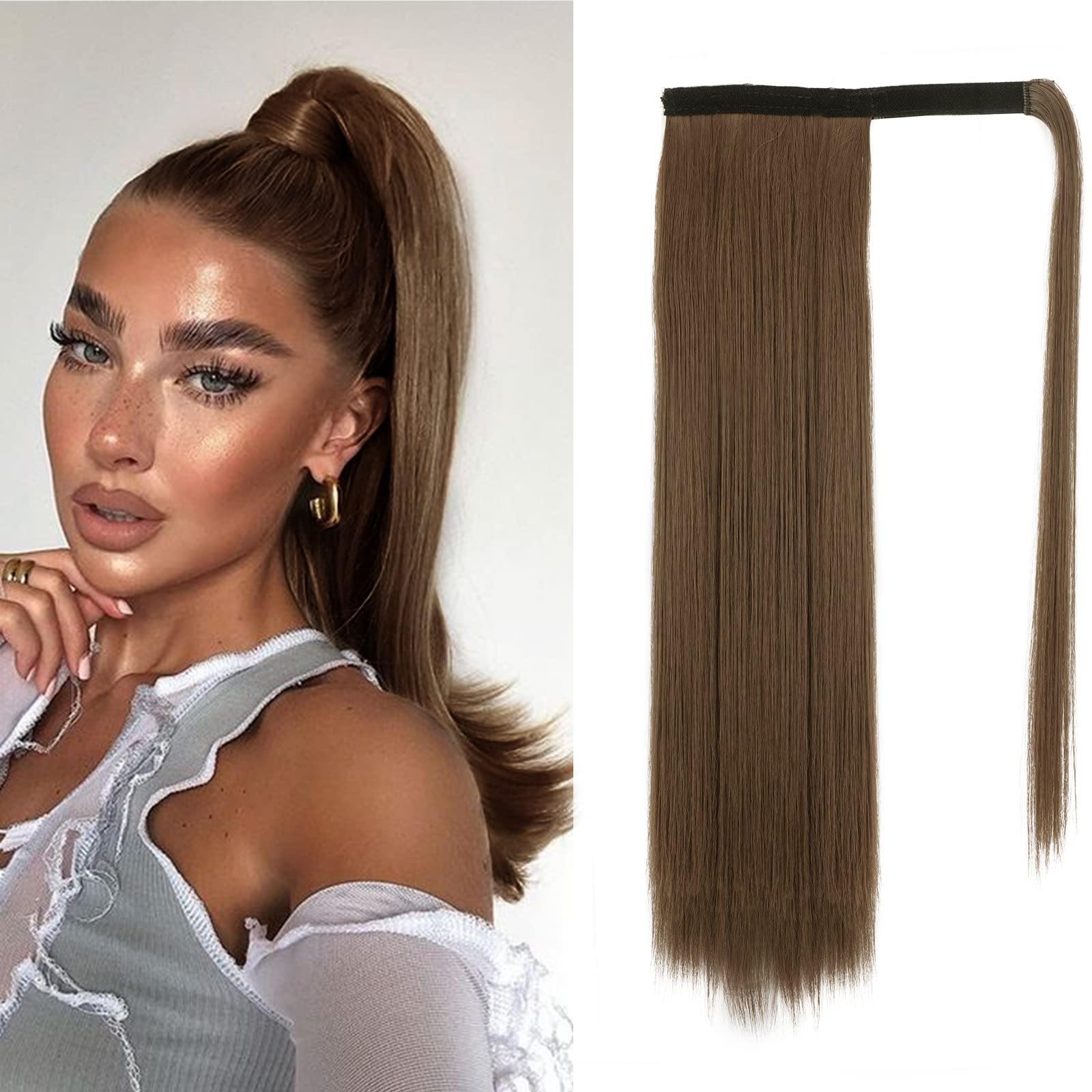 BARSDAR 18 Inch Ponytail Extension Long Straight Wrap Around Clip in Synthetic Fiber Hair for Women -Golden Brown