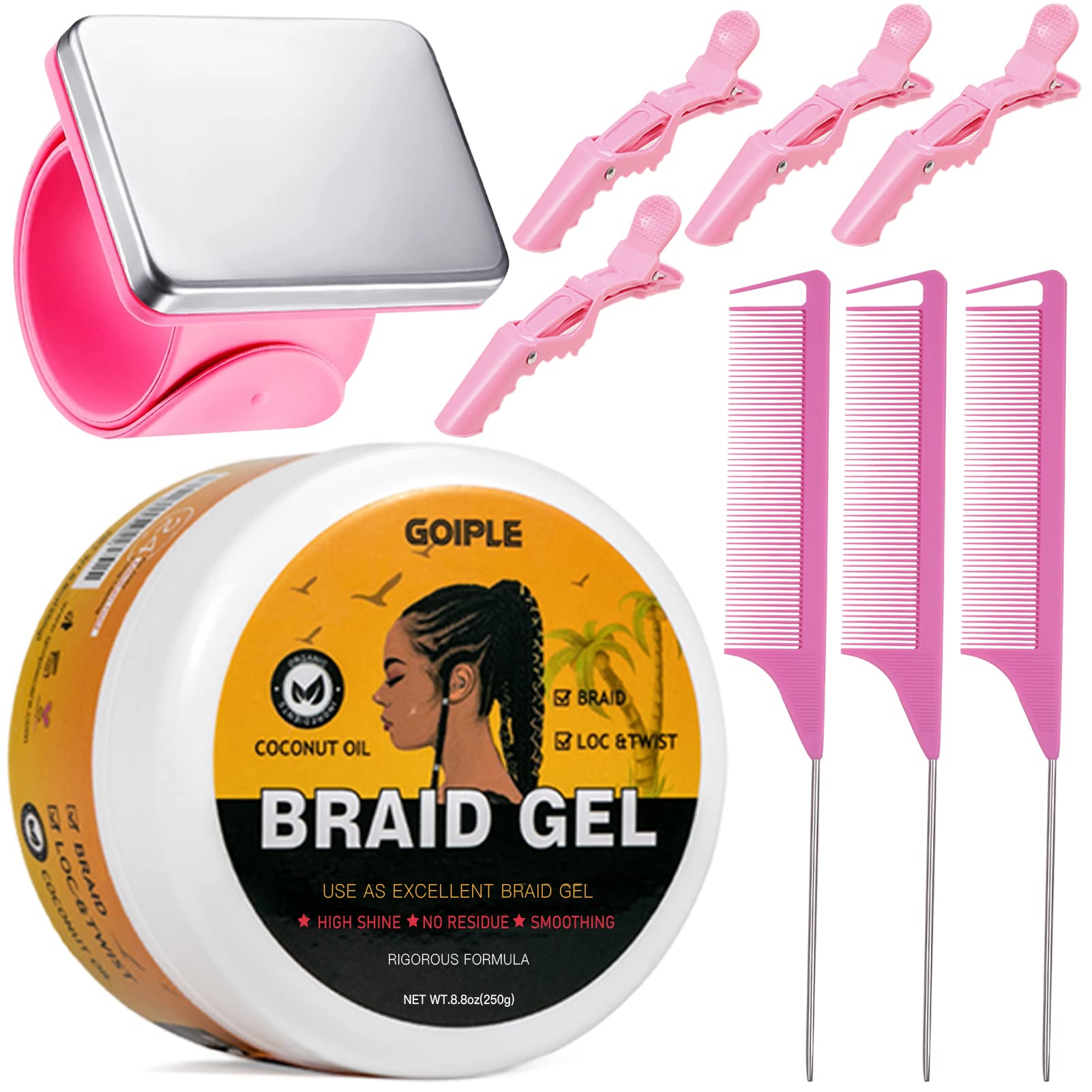 Strong Hold Smoothing Braiding Gel For Twists, Locs, Edges, Cornrows - With Hair Braiding Tools: Magnetic Pin Wristband, Comb -