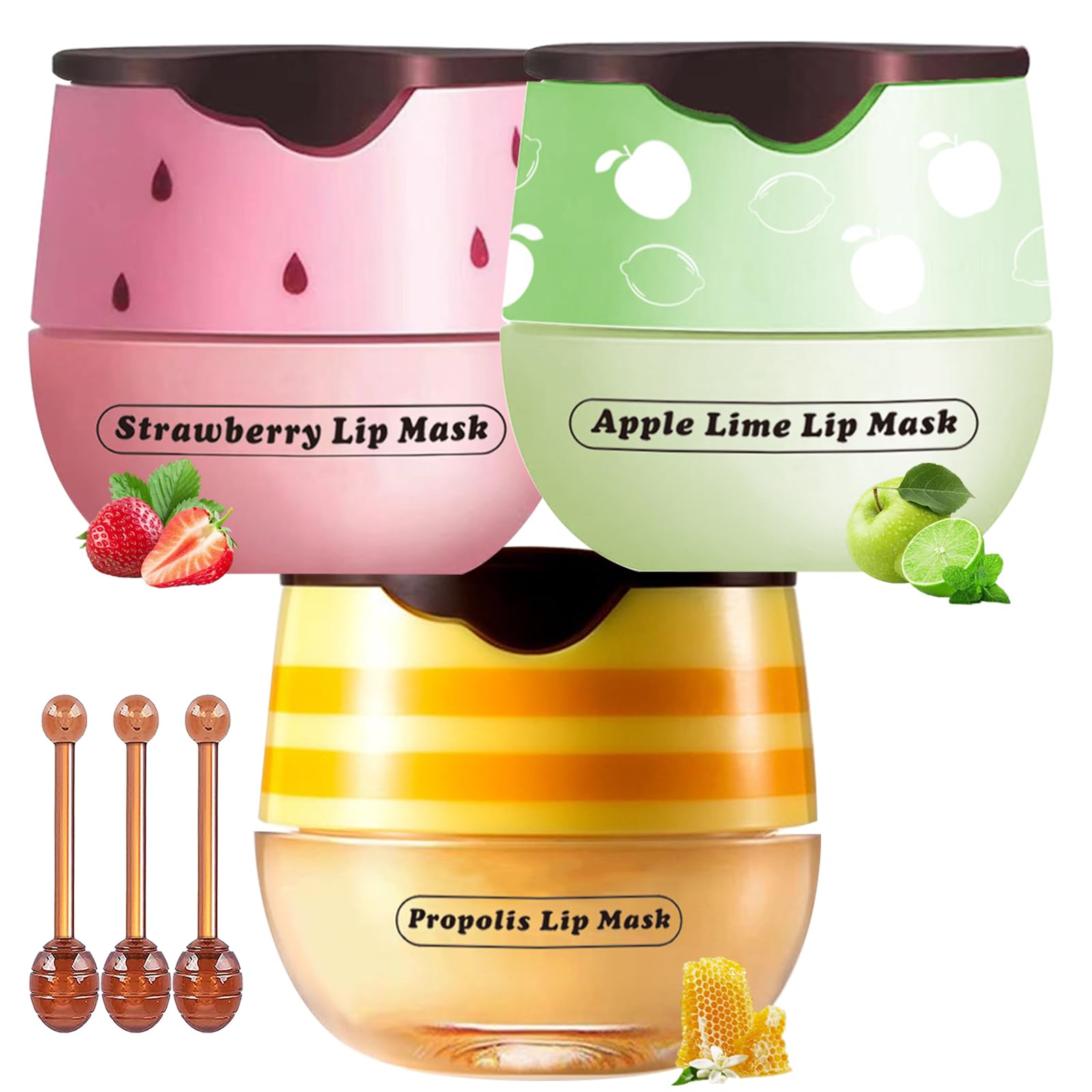 Honey Lip Balm Pot, 3 Pcs Honey & Strawberry & Apple Lime Lip Mask Propolis Moisturizing Hydrating Prevention Dry and Cracked Li