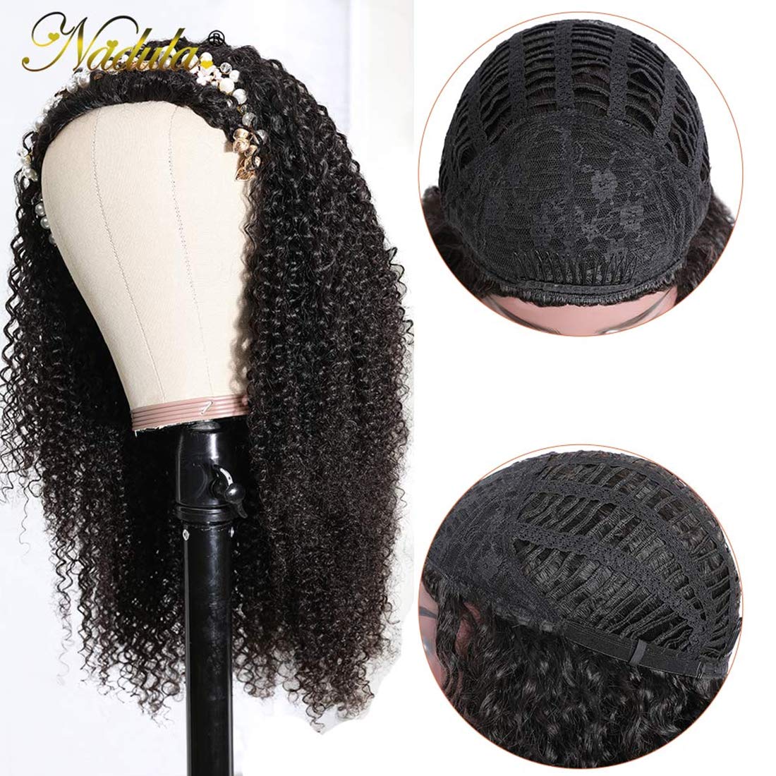 Nadula Malaysian Afro Kinky Curly Half Wigs Human Hair For Black Women, 100% Unprocessed Headband Half Wig Virgin Hair Glueless