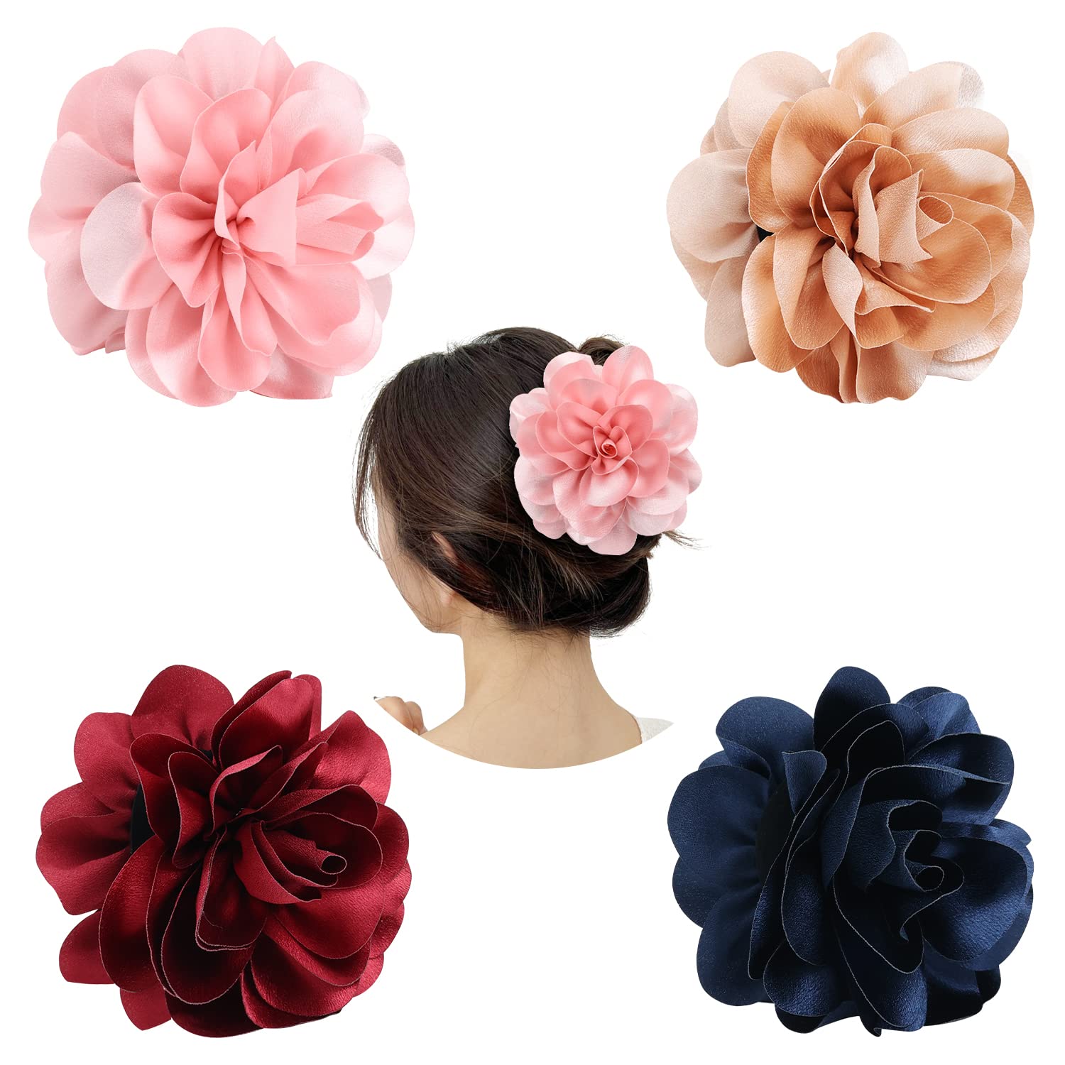 Cinaci 4 Pack Black Plastic Hair Claws with Big Large Satin Rose Flower Bow Clips Barrettes Clamps Hair Bun Chignon Updo Holders