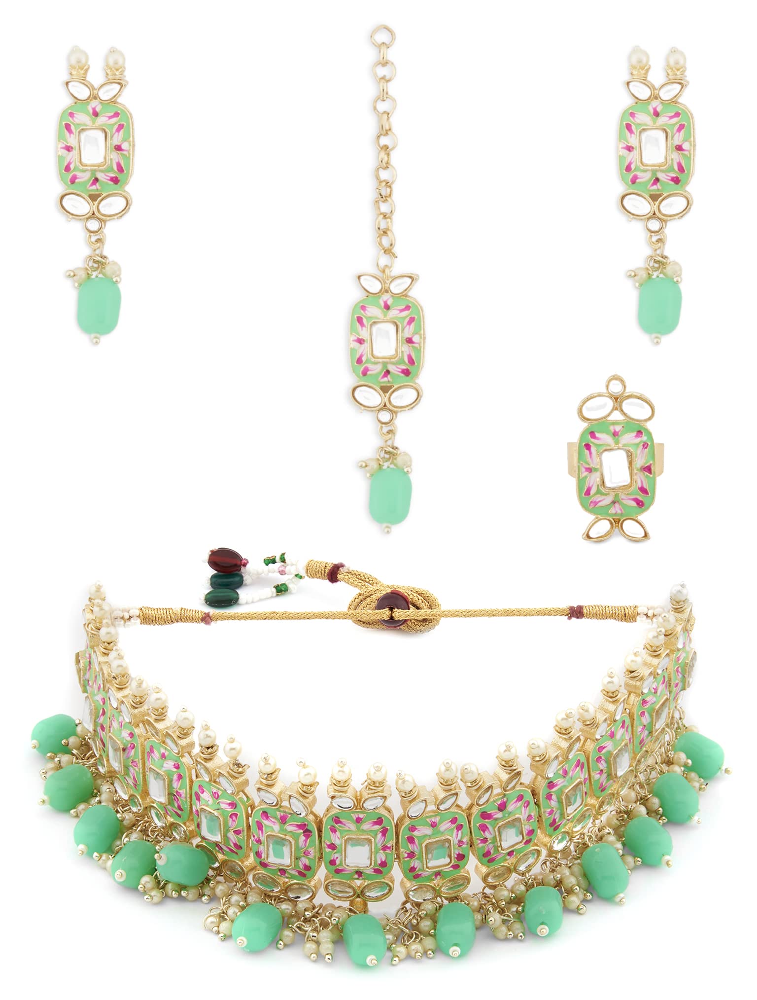 Zaveri Pearls Green & Pink Meenakari Kundan Choker Necklace Earring Maangtikka & Ring Set For WomenZpfk12912
