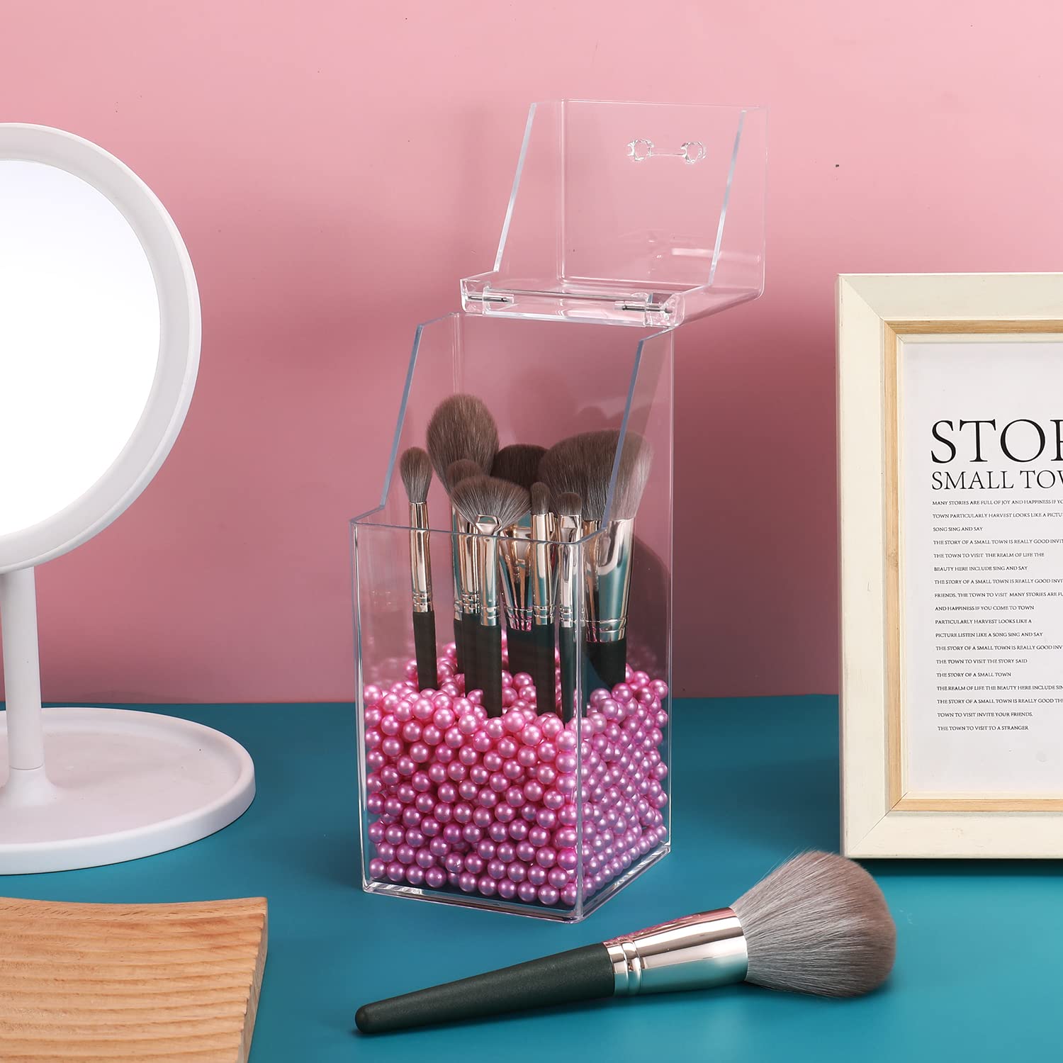 Sooyee Makeup Brush Holder,Makeup Brush Organizer With 8Mm Pink Pearls,Dustproof Makeup Brush Holder With Lid