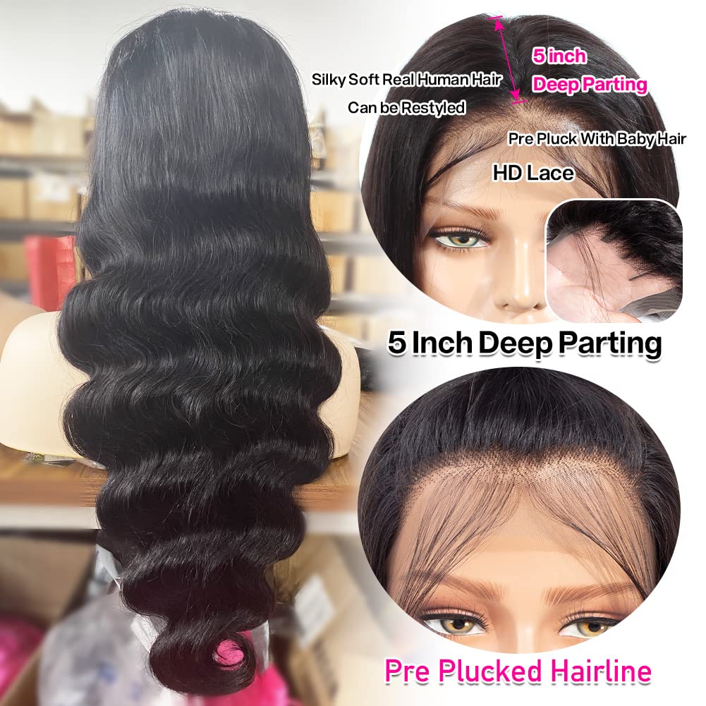 Yamikk 32 Inch Hd Lace Front Wigs Human Hair Pre Plucked With Baby Hair 180 Density 13X5 Body Wave Frontal Wigs Human Hair For W