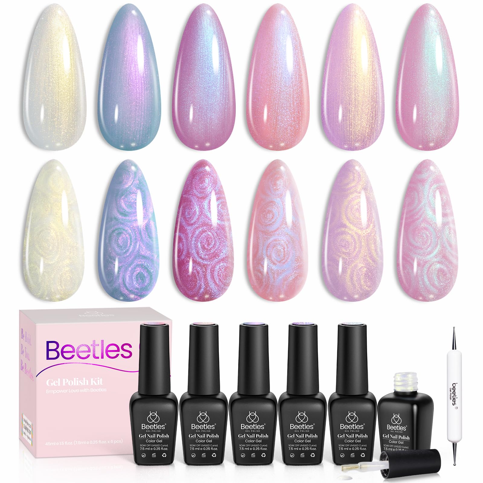 Beetles Pearl Gel Nail Polish, 6 Colors Shimmer Pearl White Pink Purple Mermaid Nail Drawing Gel Polish Soak Off Uv Gel Polish S