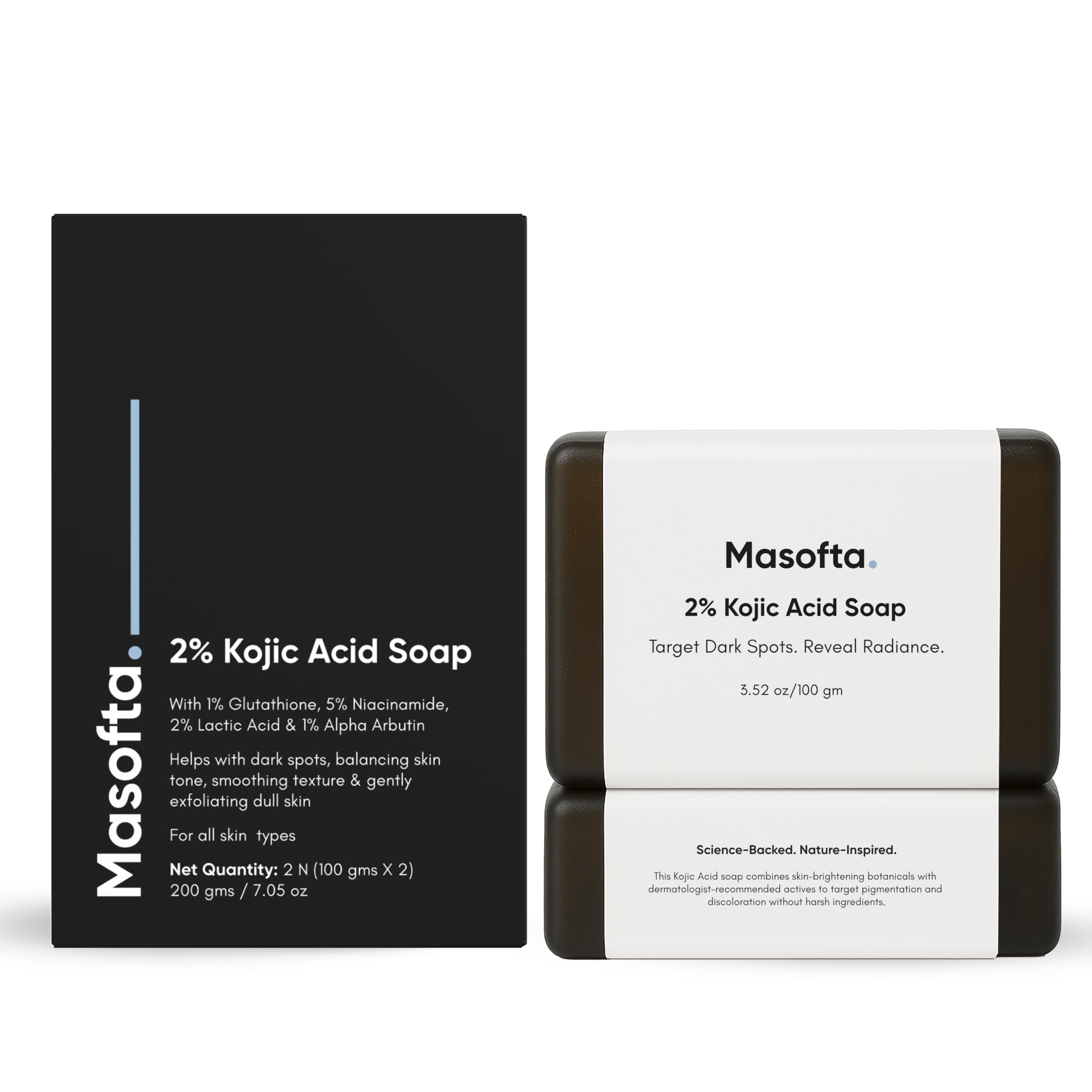 Masofta 2% Kojic Acid Dark Spot Remover Soap For Pigmentation, Melasma, Skin Brightening, Acne Marks, Even Skin Tone With Glutat
