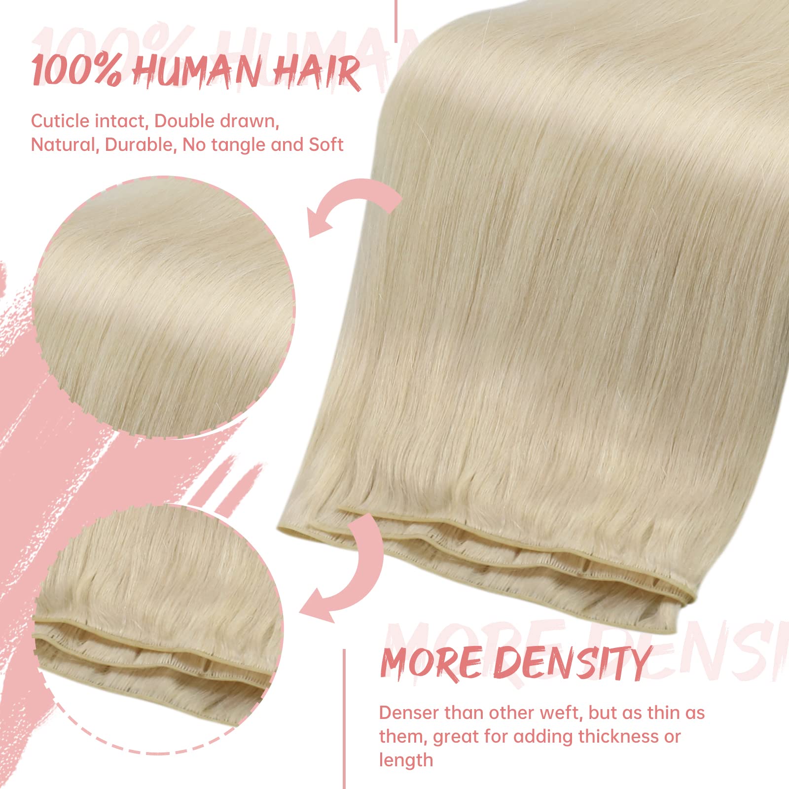 Fshine 18 Inch 1-#60 Platinum Blonde Weft Human Hair Extensions, 50G Real Human Hair, Women Hair Extensions, Remy Human Hair