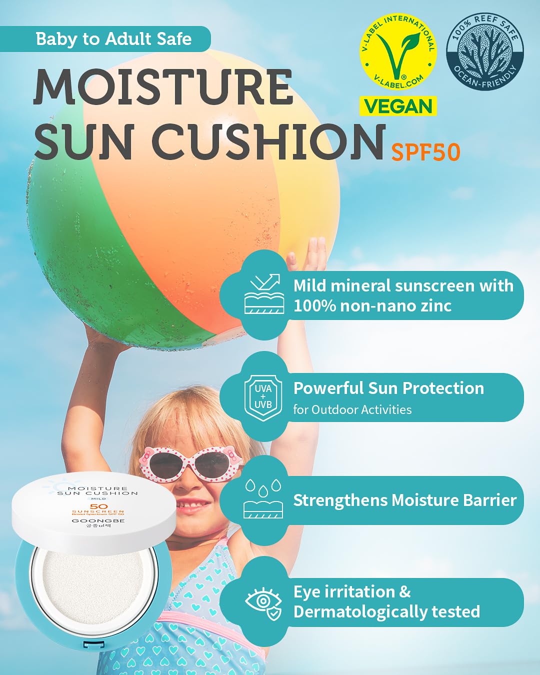 GOONGBE Moisture Sun Cushion Mild SPF 50 - Korean Moisturizing & Soothing Zinc Oxide Mineral Sunscreen - Travel Friendly Sun Cus