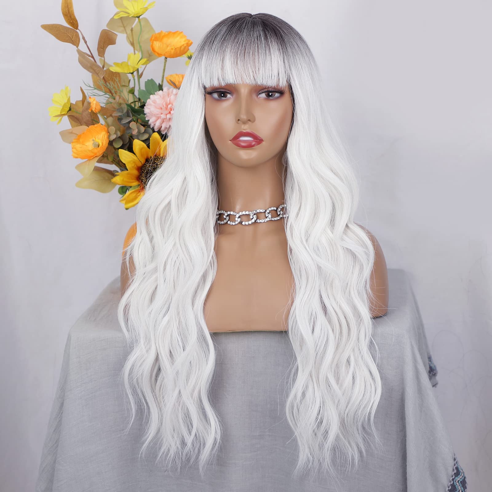 Aisi Queens White Wigs For Women, Ombre White Wig With Bangs Long Wavy Wig Hair Dark Root Synthetic Wigs Heat Resistant Fiber Fo
