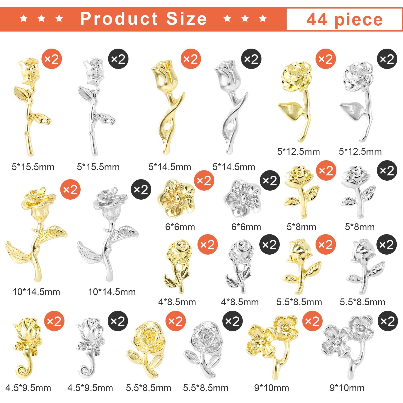 Hinzic 44 Pcs Gold Rose Nail Charms 3D Vintage Roses Flowers For Nails Retro Metal Silver Nail Jewels Nail Studs For Acrylic Nai