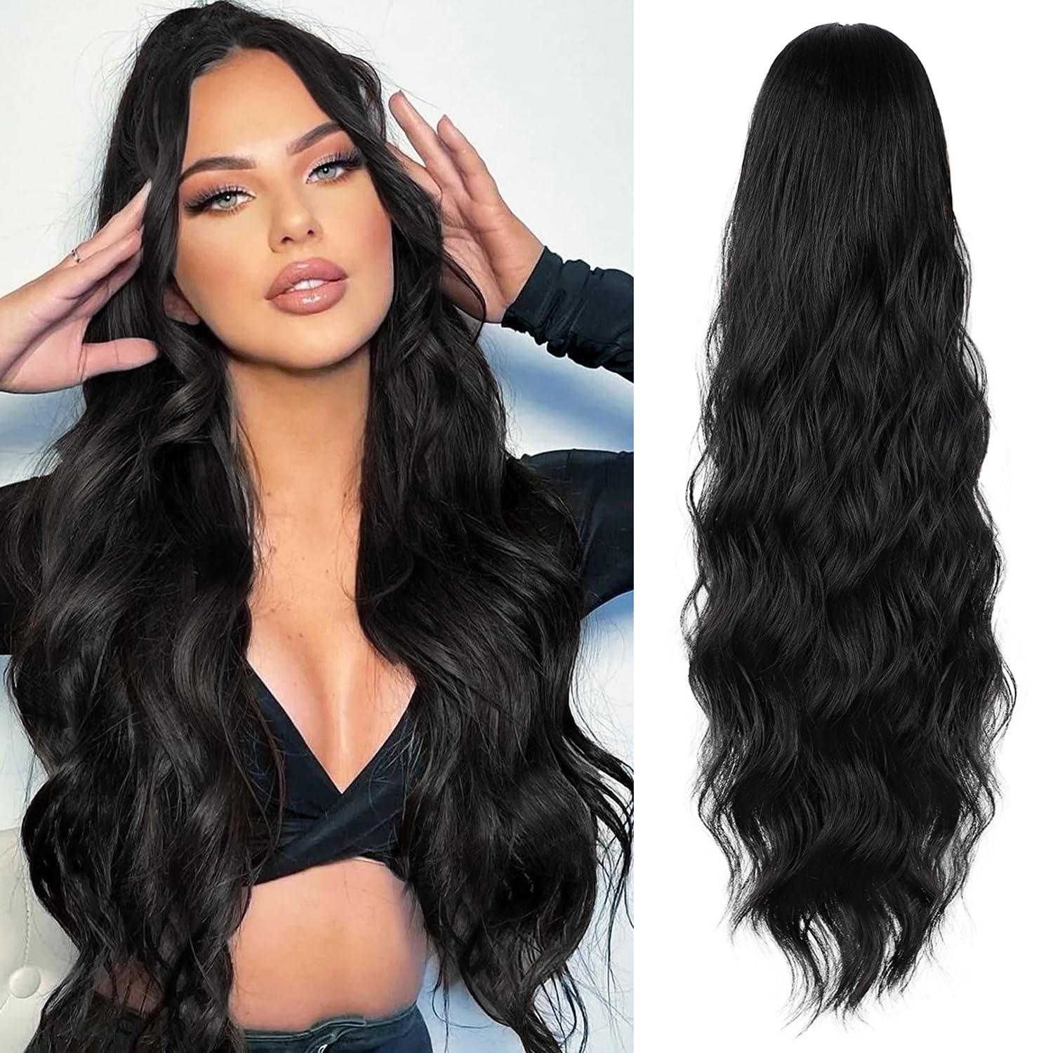 FREEMEIGE Drawstring Ponytail Extension Long Body Wavy Black Ponytail Extension for Women Synthetic Hair Ponytail Extension Clip