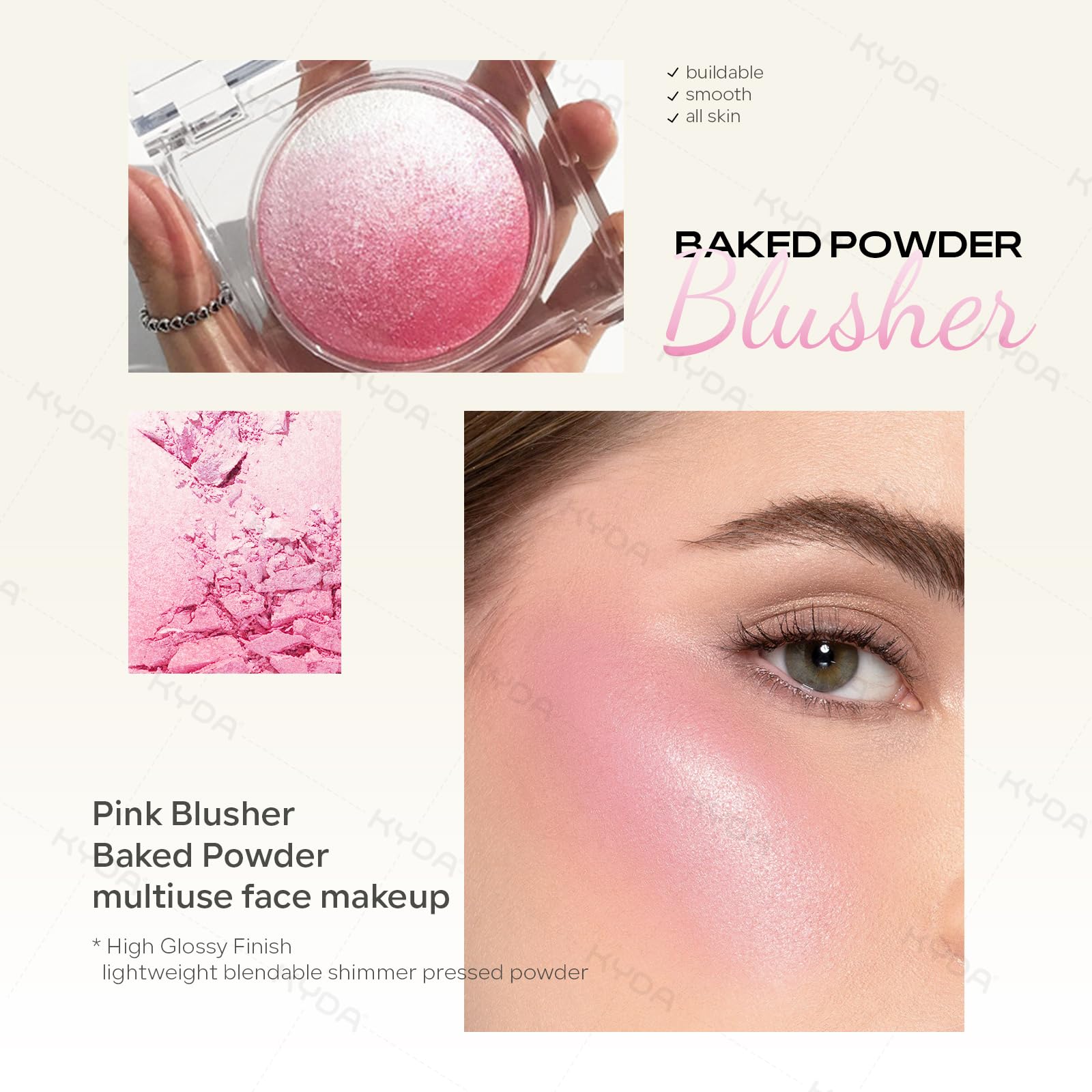 KYDA Pink Blush Powder, Pink Face Highlighter Baked Blush, Shimmer Blush for Natural Glowing Finish, Lasting Lightweight Buildab