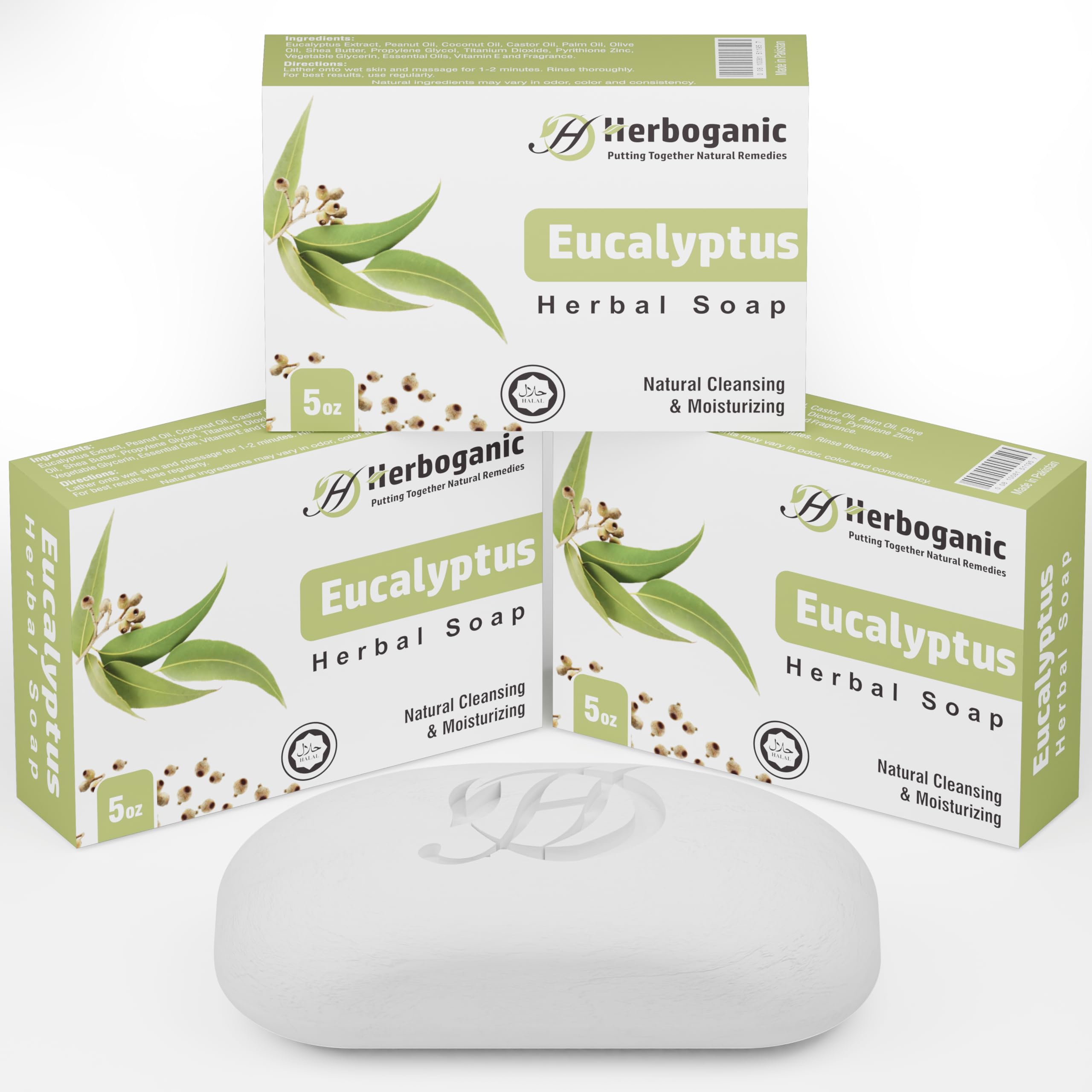 HERBOGANIC Eucalyptus Herbal Soap | Pack of 3 of 5oz soap Bar | Natural Bar Soap for Face and Body | Hydrating and Nourishing | 