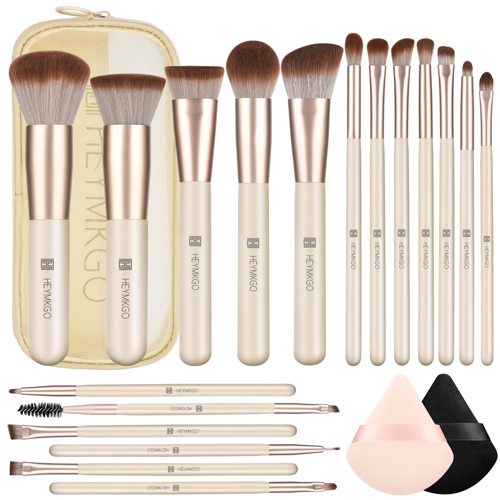 HEYMKGO Makeup Brushes Set, 18pcs Professional Makeup Brushes with 2 Powder Puff & Travel Bag, Premium Synthetic Foundation Powd